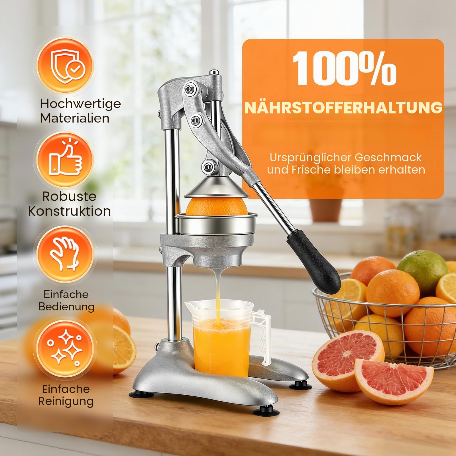 Saftpresse Manuell, professionelle Zitruspresse aus 304 Edelstahl, Hebelfruchtpresse mit 2 Pressköpfen, Orangenpresse Handpresse für Orangen, Zitronen, Granatäpfel, Grapefruits