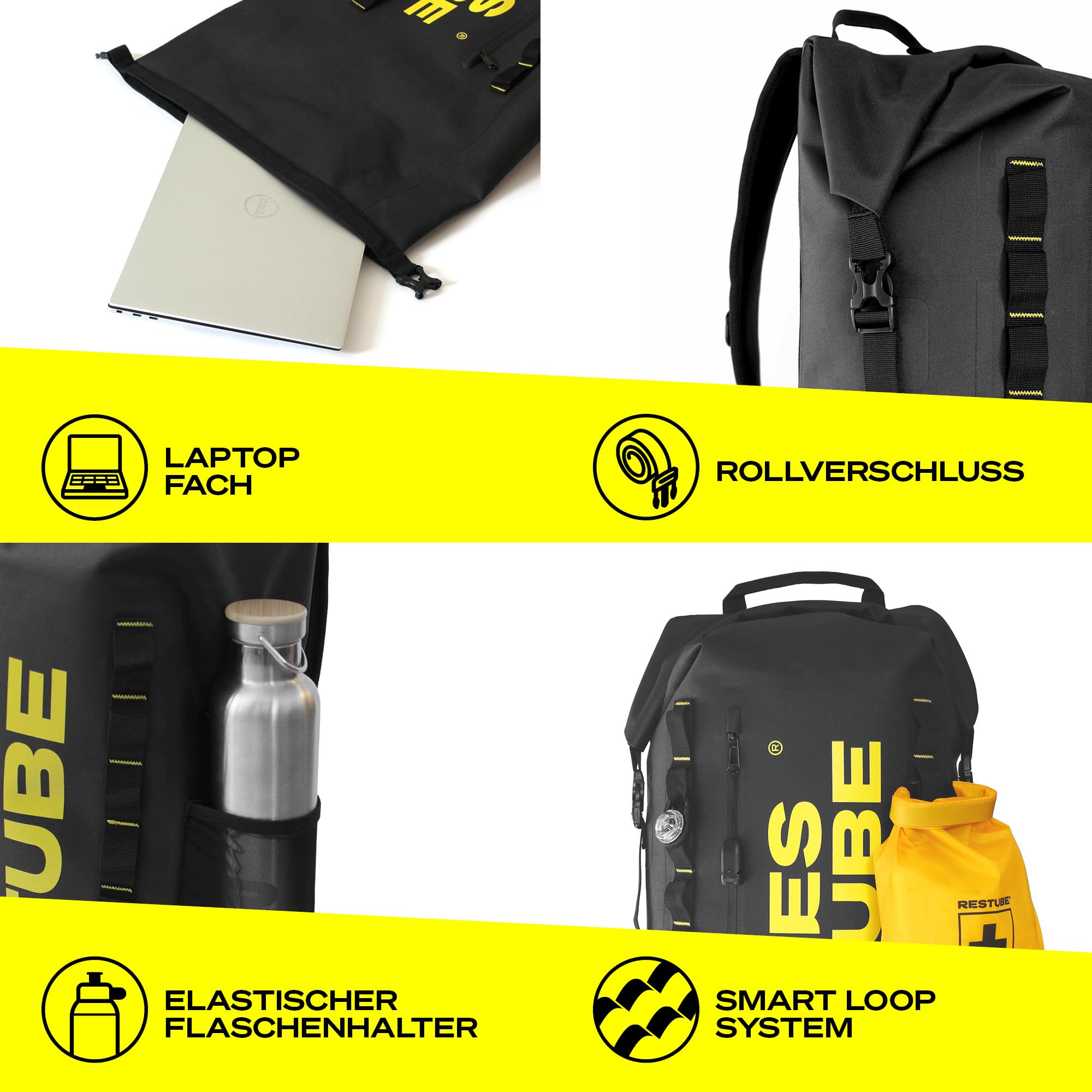 Restube Coast 25L wasserdichter Rucksack - Wasserfester Rolltop - Laptop-Fach - Flaschenhalter - Daypack für Alltag, Pendeln, Fahrrad, Outdoor & Abenteuer am Wasser
