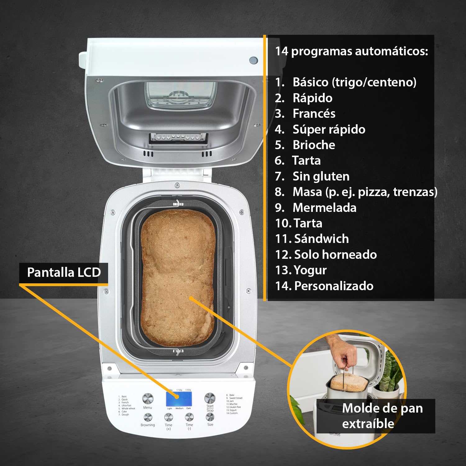 TZS First Austria - Panificadora 850W - Para panes de 900g y 1350g - 14 Programas automáticos - Tostado ajustable, Temporizador y Función mantener caliente