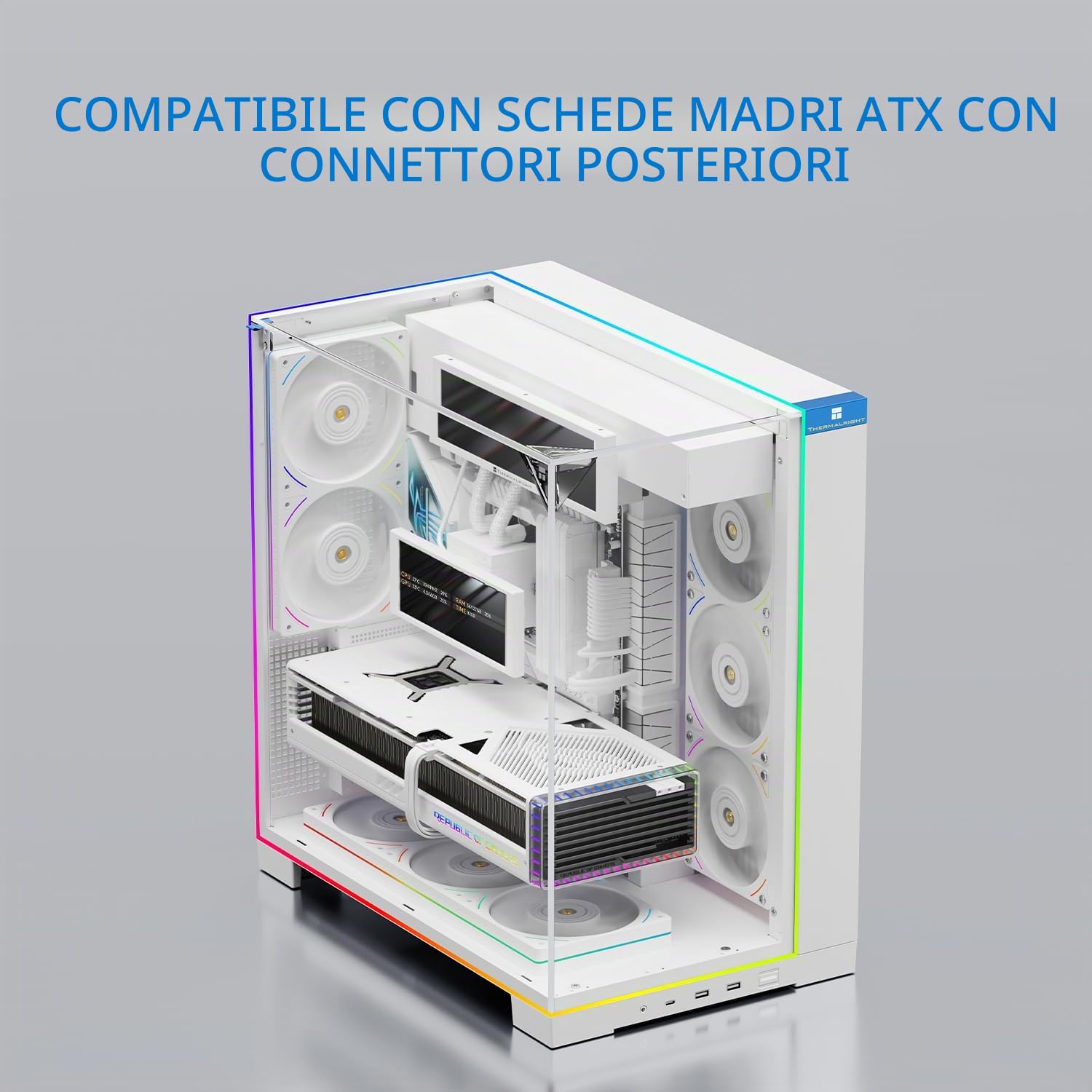 Thermalright A70 Vision Bianco- Case PC con display da 9,16 pollici | vetro di sicurezza panoramico, torre ATX, supporta scheda madre ATX/schede grafiche da 42cm