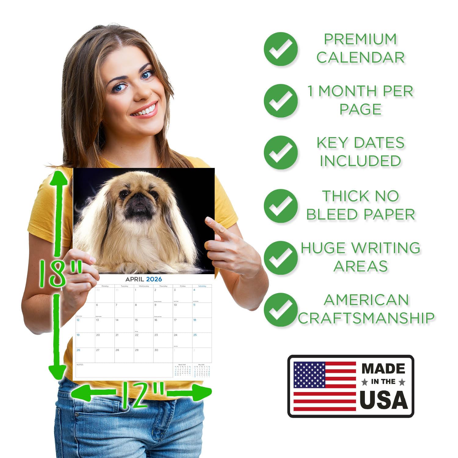 Calendario pequinés 2024 2025 – Calendario mensual de pared de raza de perro – 12 x 18 pulgadas abierto – Papel grueso que no se corre – Regalo – Calendario académico para profesores organizando y