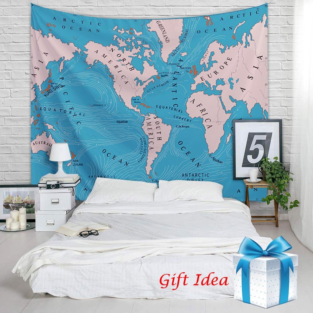 Ocean Current World Map Tapestry - Educational Wall Hanging Retro Beach Blue Backdrop, College Dorm Room Accessories Decorations, for Birthday Graduation Teen Girls Boys Gifts, 80 by 60 inches
