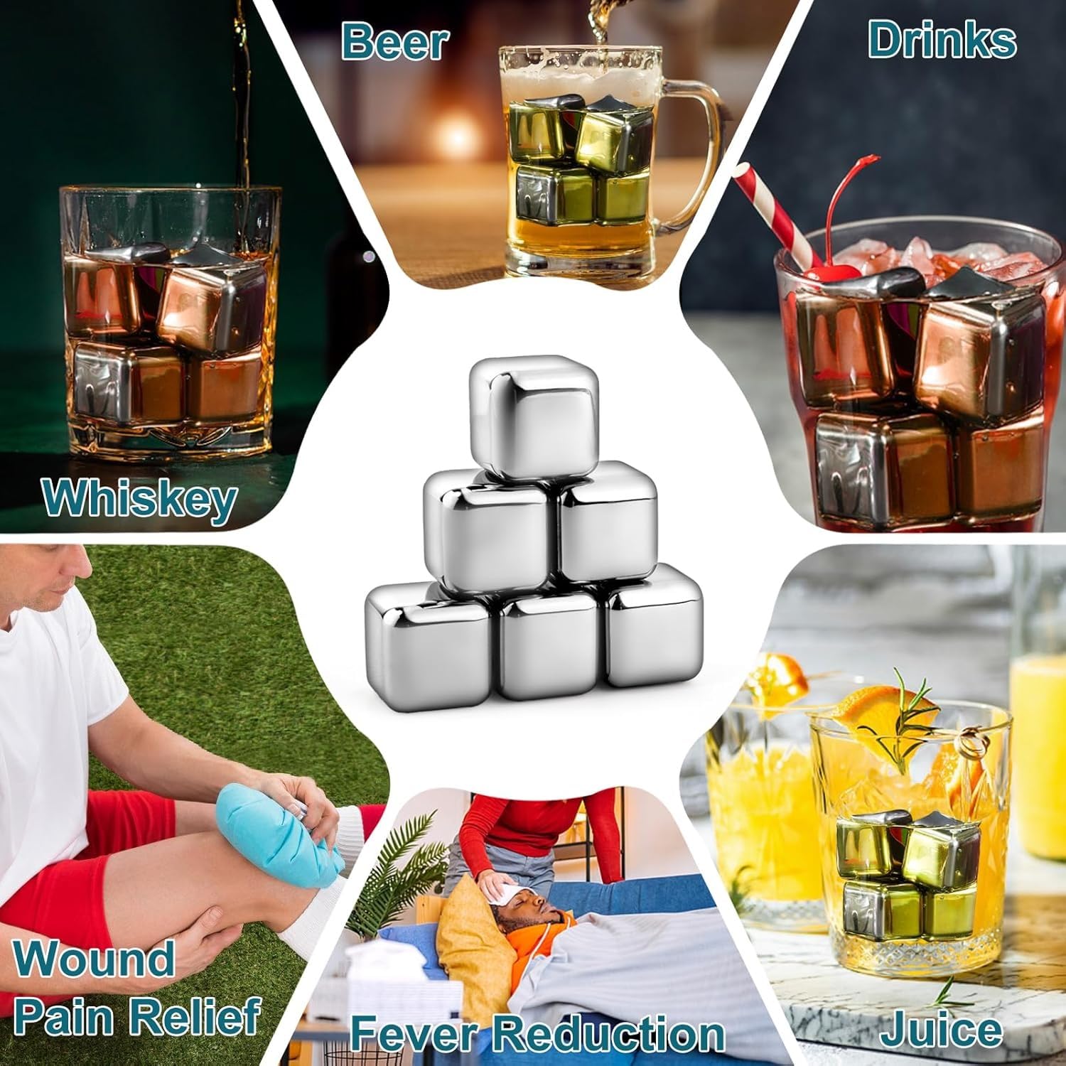 Kinmsito 24 Stück Edelstahl Eiswürfel, wiederverwendbare Kühlsteine, mit Zange, 2 Untersetzer, Handtuch, 6 Boxen, für Whisky, Wein, Gin, Tonic, Cocktails, Likör