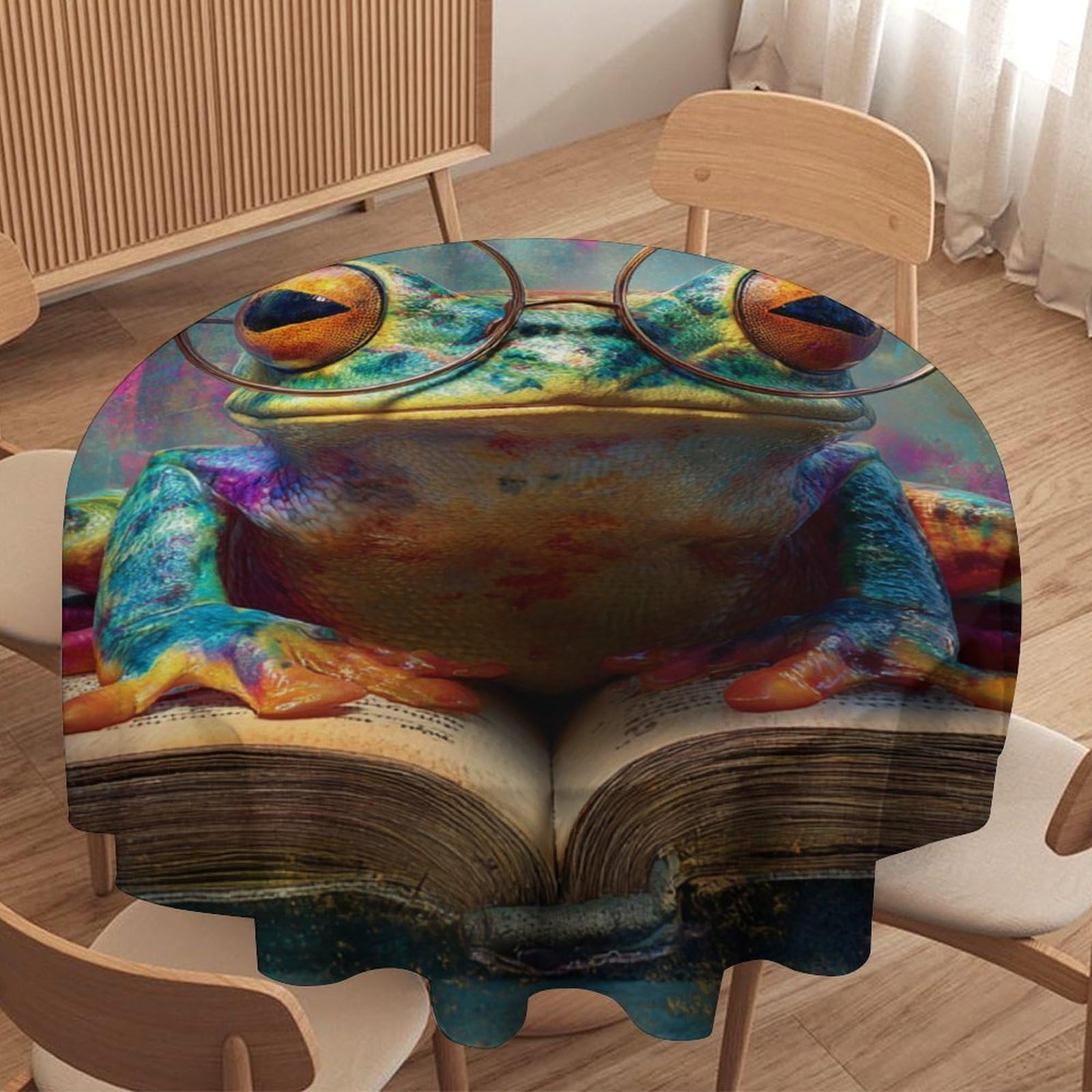 LUYYSKY Retro Abstract Cute Frogs Waterproof Round Tablecloth Colorful Funny Graffiti Wall Books Animals Frogs Pattern Washable Table Cover for Kitchen-152.4" Wx152.4 L cm