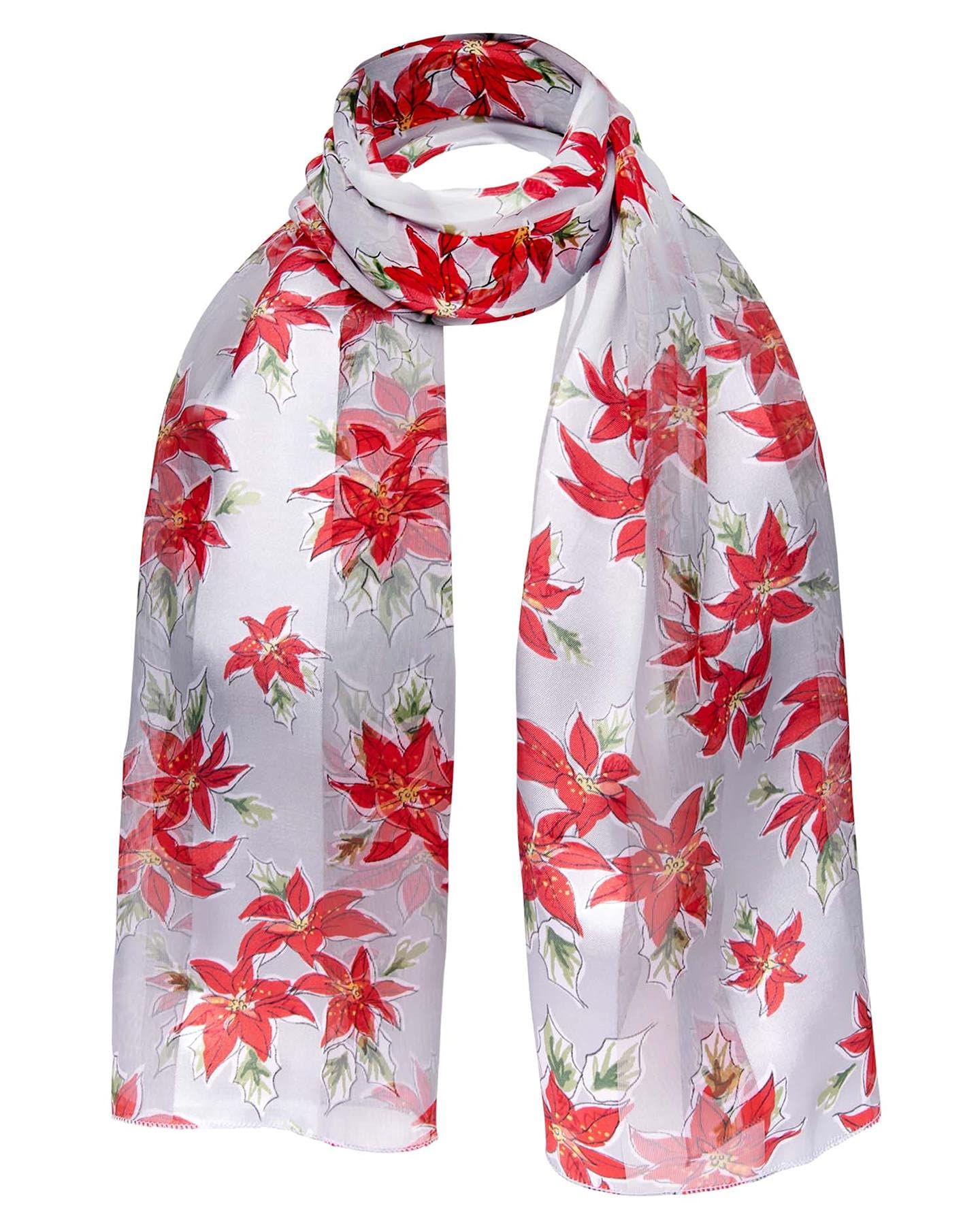 Basic Sense Christmas Scarf for Women, Festive Xmas Scarves with Santa, Snowman & Reindeer Prints, Poinsettia - Grey