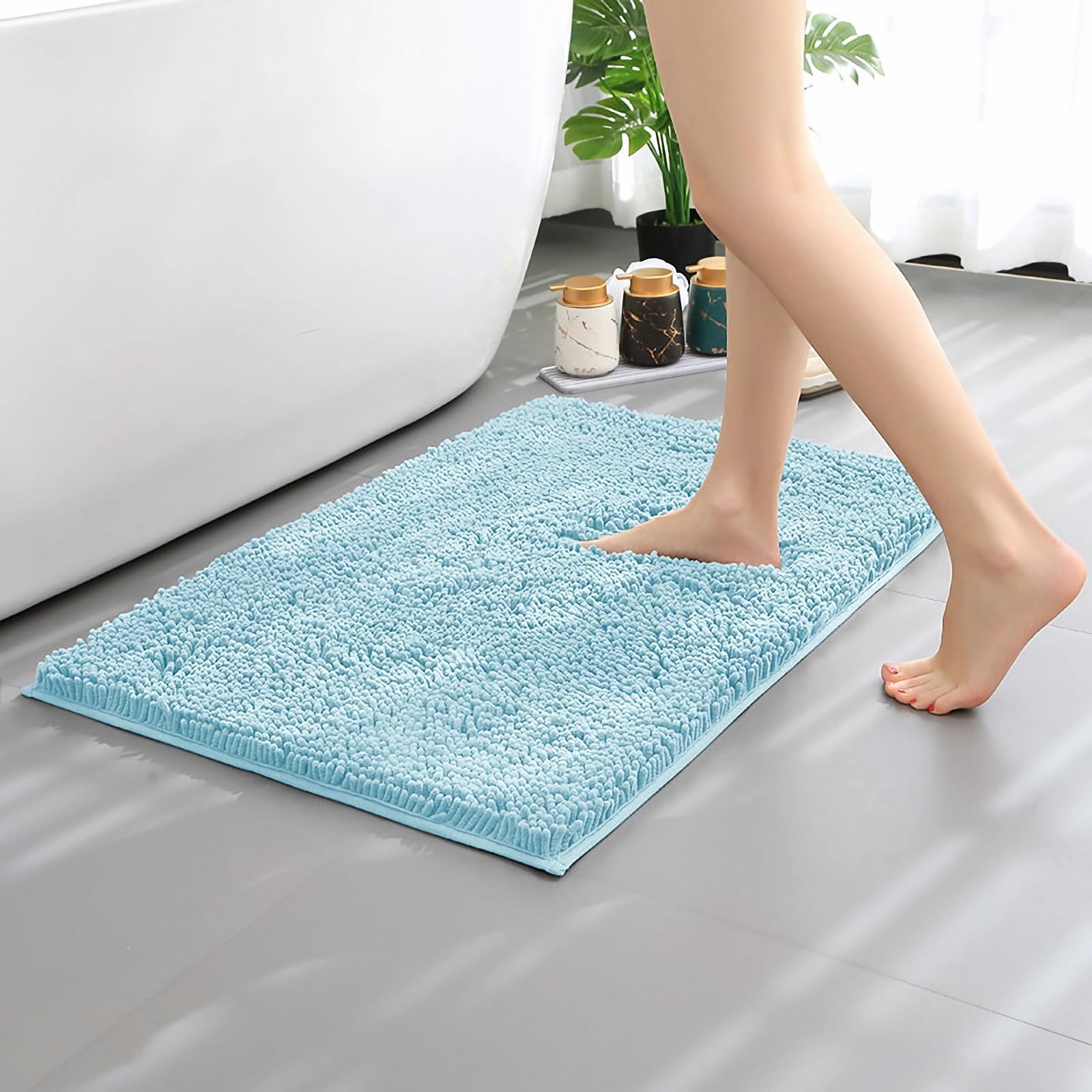 OWIYA Bathroom Rugs Mat 32x20 Non Slip Chenille Bath Mats Bath Rugs for Bathroom Shower Aqua Blue