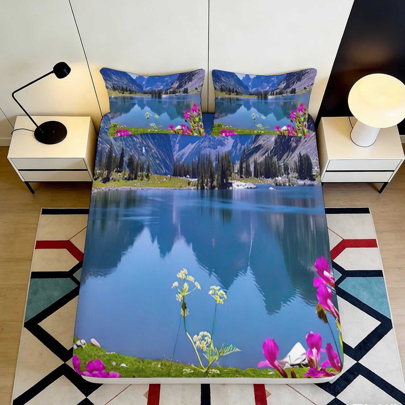 3D Printed Mountain Lake Fitted Sheet Microfiber Soft Breathable Floral Reflection Mattress Cover for Bedroom Dormitory Guest Room Mattress Protection Decor 180x200x25cm