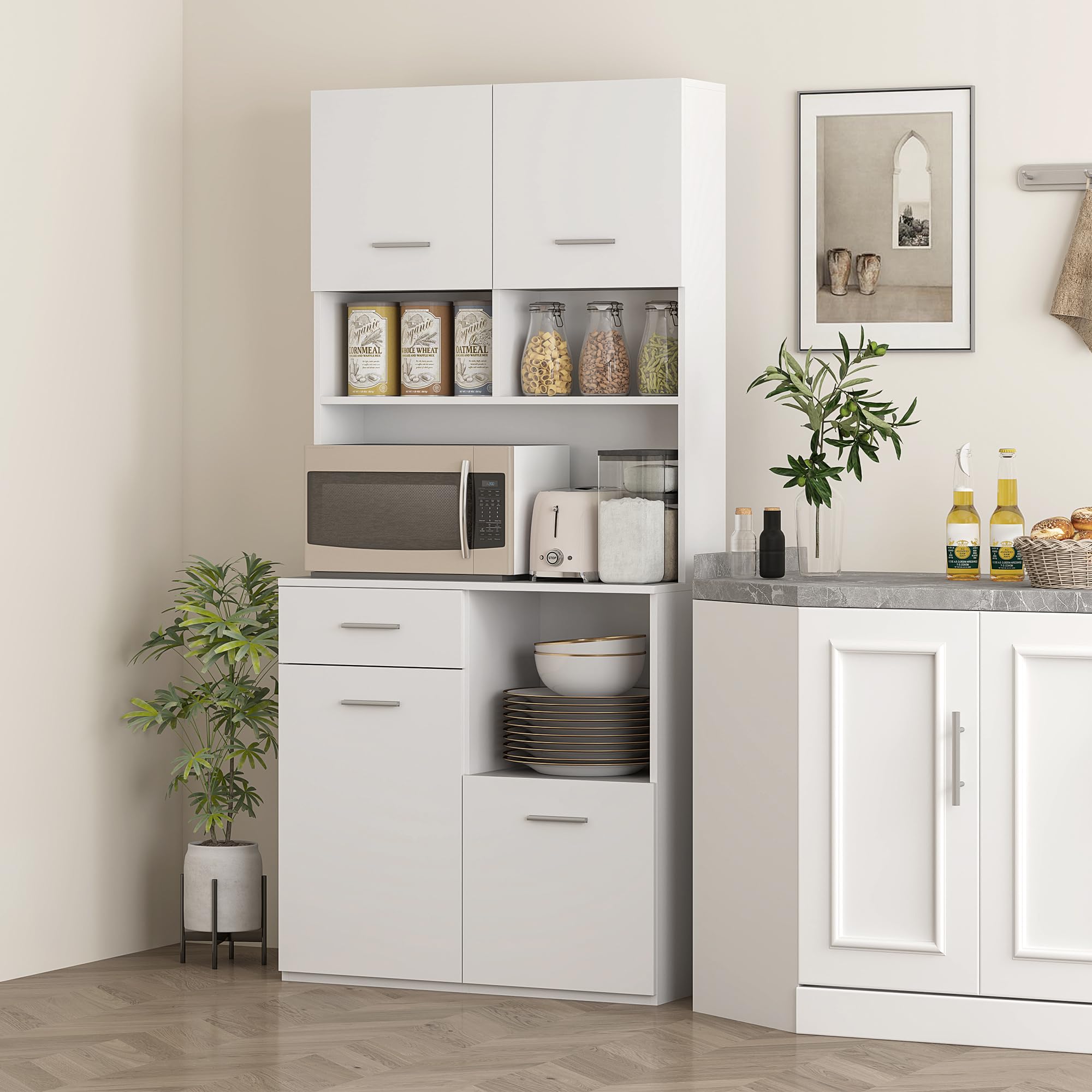 HOMCOM Hohe Küchenanrichte mit Schublade 4 Schränke 80x35x180cm Weiß | 3 offene Fächer, Vorratsschrank, verstellbares Holzregal, für Wohnzimmer & Küche
