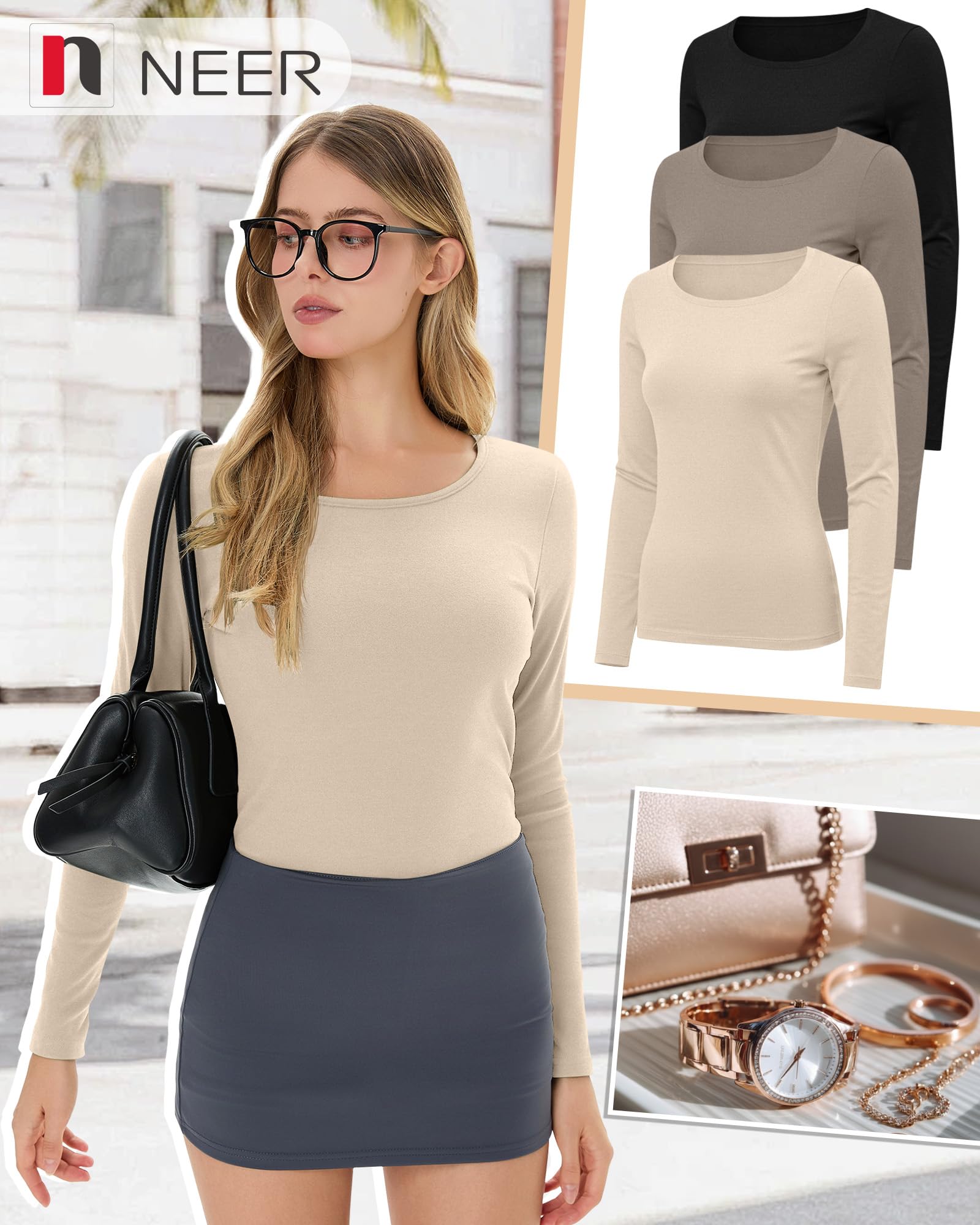 Neer Pack de 3 Camisetas térmicas de Manga Larga con Forro Polar para Mujer, Corte Ajustado, básicas, para Invierno