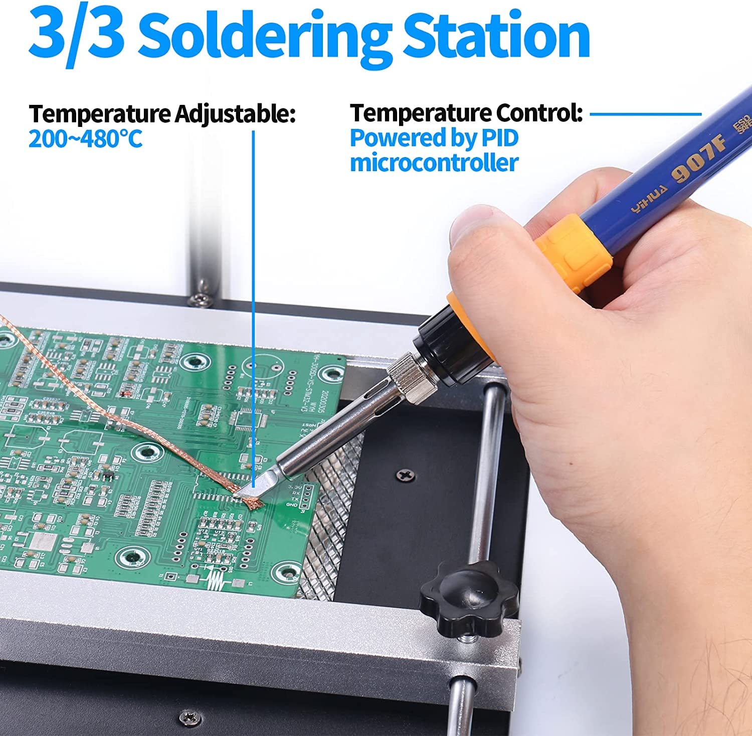 YIHUA 853AAA SMD Heißluft Lötstation Lötkolben station set Entlötstation Rework Station Vorwärmplatte 3-IN-1 mit Zubehörteilen (EU PLUG)