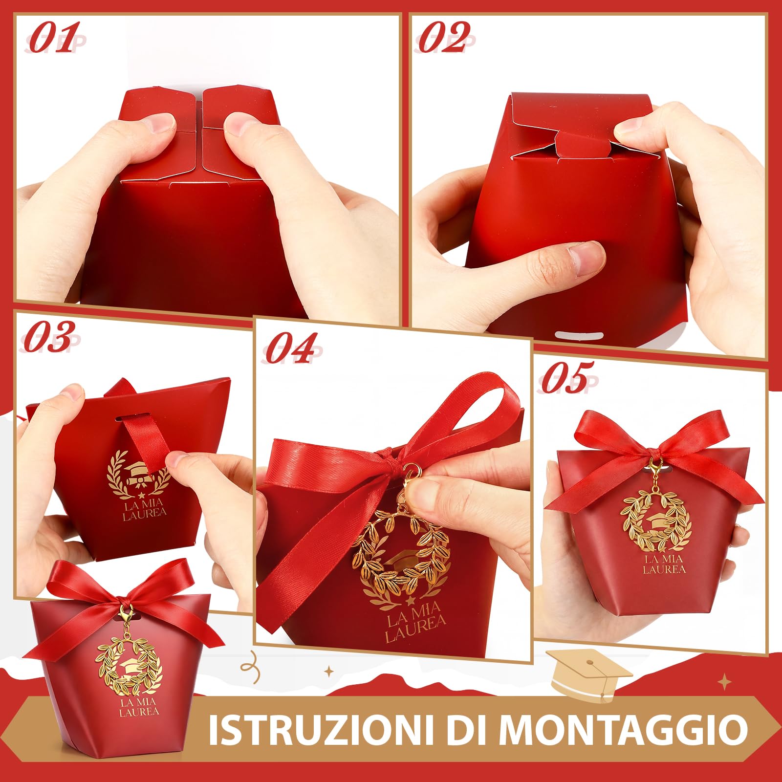 BBTO 50 Sets Cajas de recuerdos de graduación Incluye 50 Rojo cajas de recuerdos 50 llaveros de Corona de laurel 1 rollo de listón rojo Regalos de decoración para fiesta de graduación hechos a mano