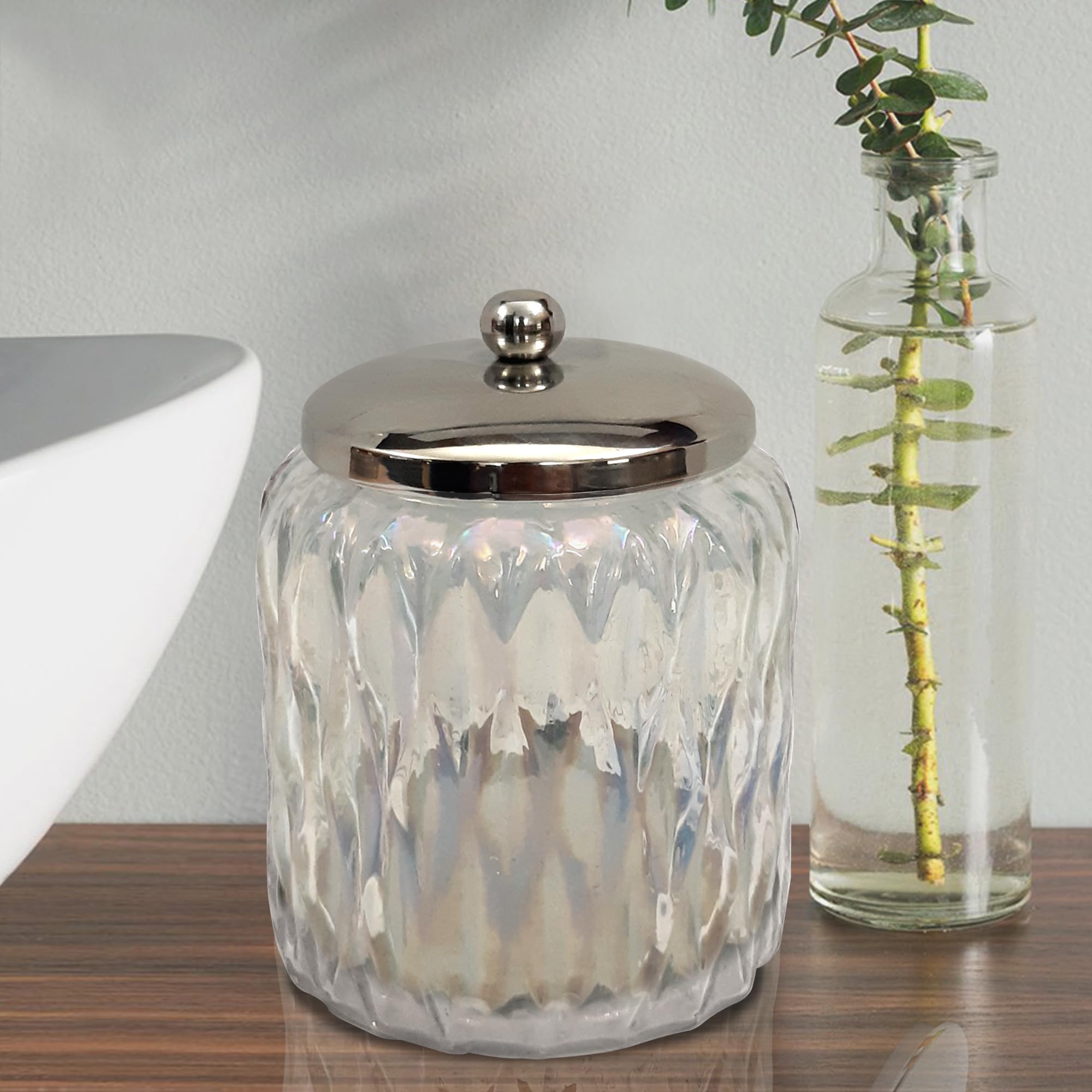 nu steel Glacier Rainbow Q Tip Holder Bathroom Vanity Glass Storage Organizer Canister, Apothekerglas für Wattestäbchen, runde Wattebällchen, Regenbogenglanz-Finish