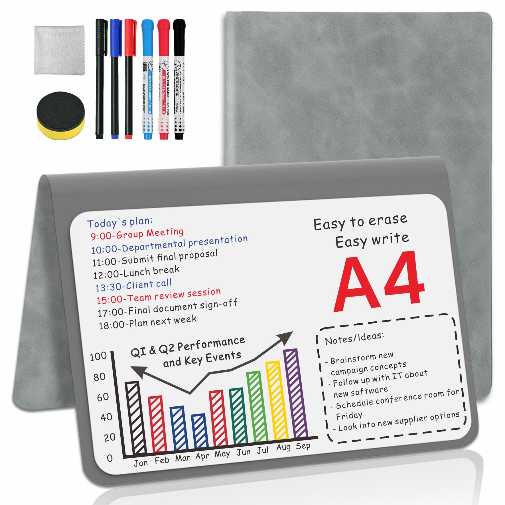 Whiteboard A4 Grey Dry Erase Whiteboard Notebook Portable Mini Desk Writing Board Small Erasable Whiteboard with Pens for School Office Supplies Desk Accessories