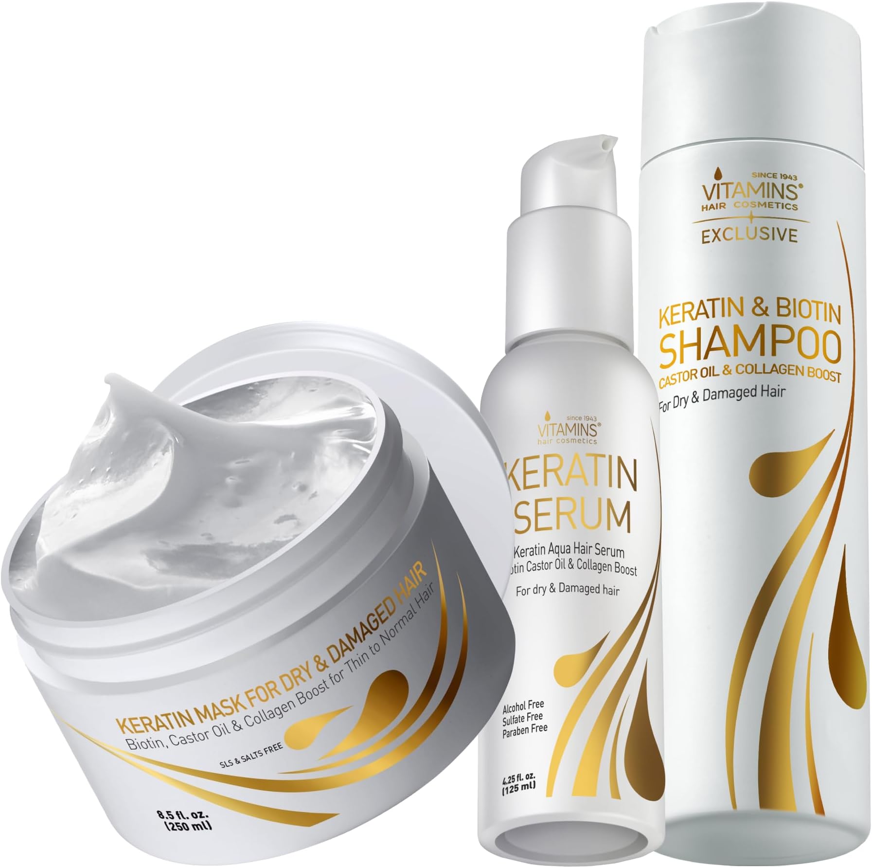 VITAMINS hair cosmetics Hair Care Kit - Hydrating, Ph Balancing, Damaged Hair Solution with Keratin, Moroccan Argan Oil - Ultra Recovery for Color Treated, Dry, Frizzy Hair - Paraben Sulfate Free