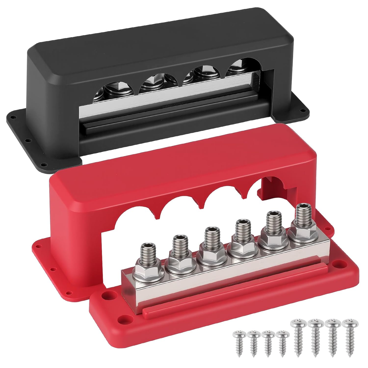 600A Power Distribution Block 12V Bus Bar Terminal Block 6x3/8 (M10) Marine Battery Bus Bar with Cover Positive & Negative for Automotive Car Boat Solar System Red & Black