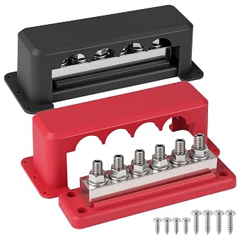 CNSPEED 2Pcs 600A Bus Bar Power Distribution Block 12-48V Terminal Block 6x3/8M10 Studs Marine Battery Bus Bar with Waterproof Cover Quick Mount for Automotive Car Boat Solar System Red & Black