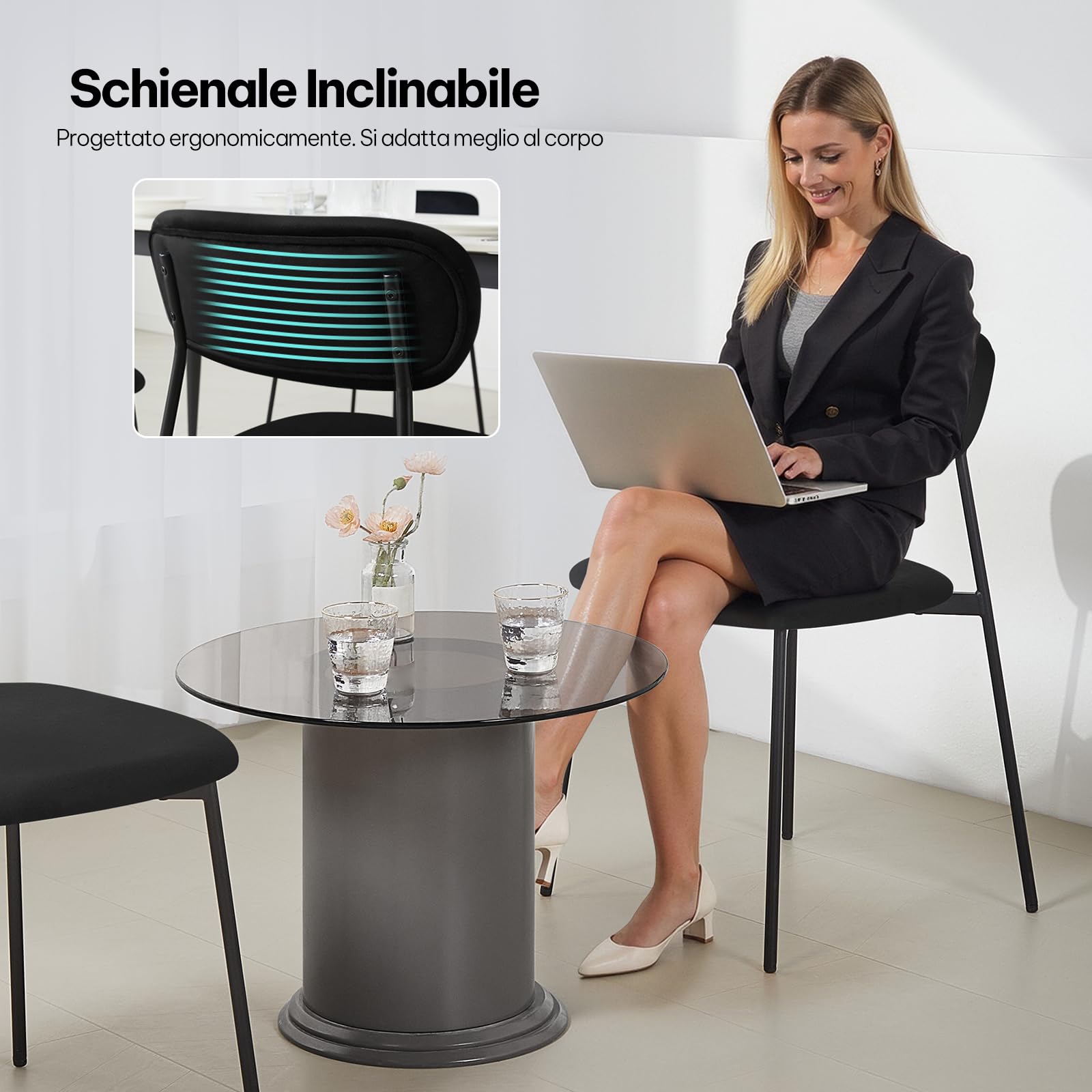 Lestarain Set di 6 Sedie da Pranzo, Sedie da Cucina Imbottite, Sedie da Toilette, per Sala da Pranzo Cucina Soggiorno, Gambe in Metallo, Velluto, Nero