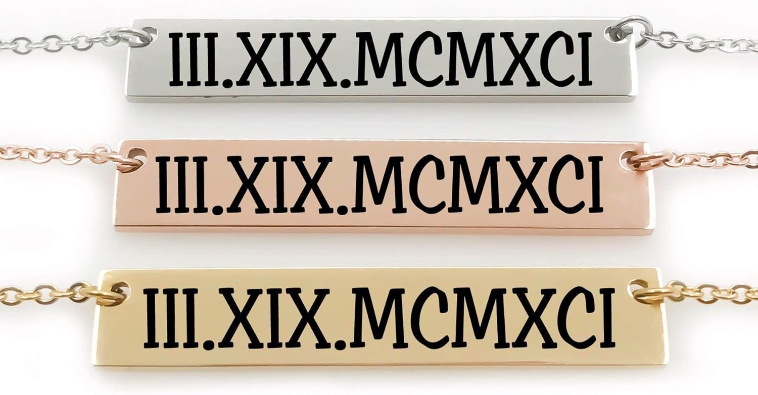 Mothers Day Gift - Roman Numeral Date - Stainless Steel Bar Necklace - Personalize and Choose your font - Silver, Gold and Rose Gold Plated