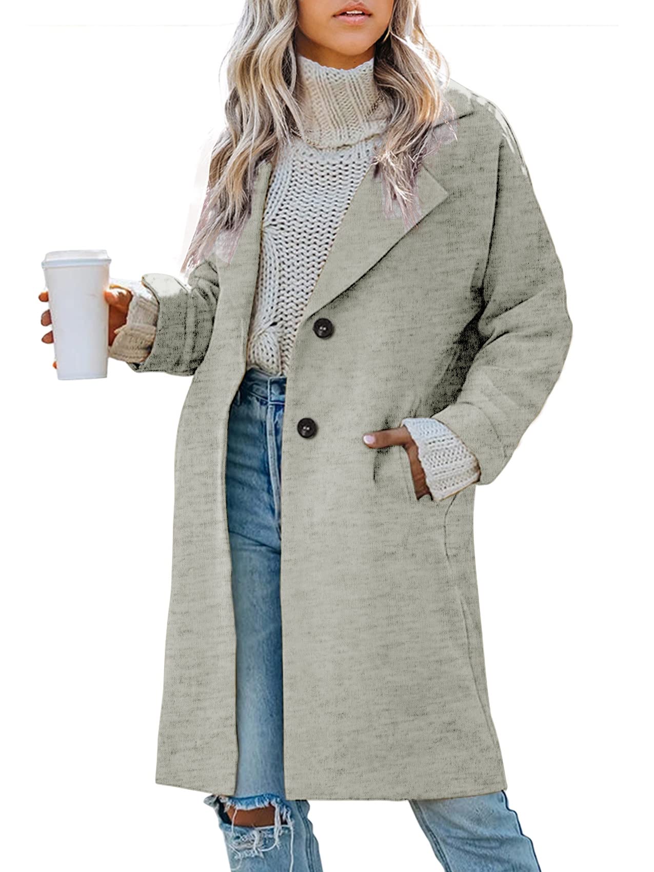 BbalizkoWomens Notch Lapel Cotton Blend Coat Winter Single Breasted Mid-Long Trench Pea Coat Overcoat with Pockets