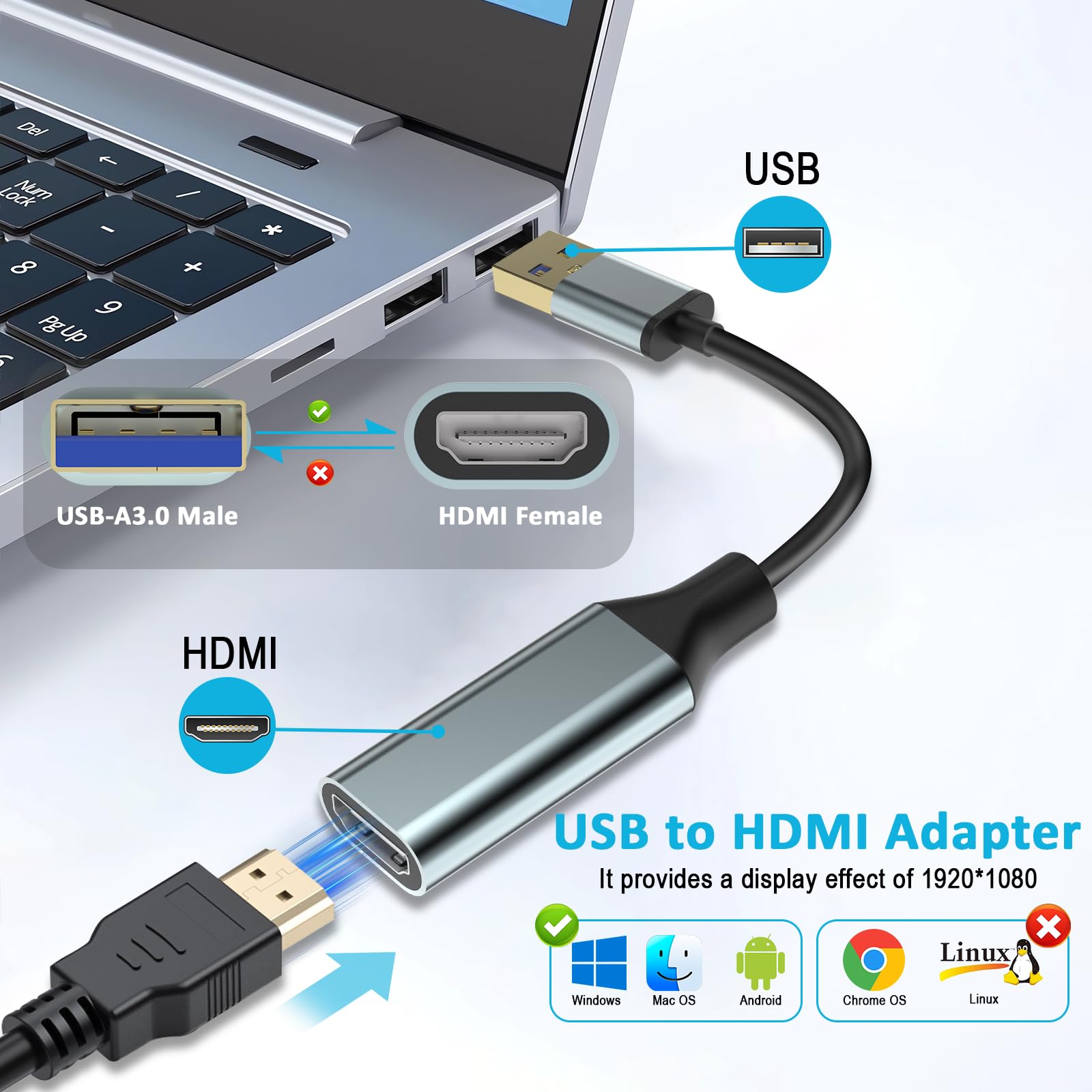 USB to HDMI Adapter,USB 3.0/2.0 to HDMI Cable Converter 1080P for Monitor Connector Output for Computer Laptop Desktop with Multiple Windows 11/10/8.1/8/7,Mac MacBook pro,PC TV(Need to Install Driver) — Amazon image 2