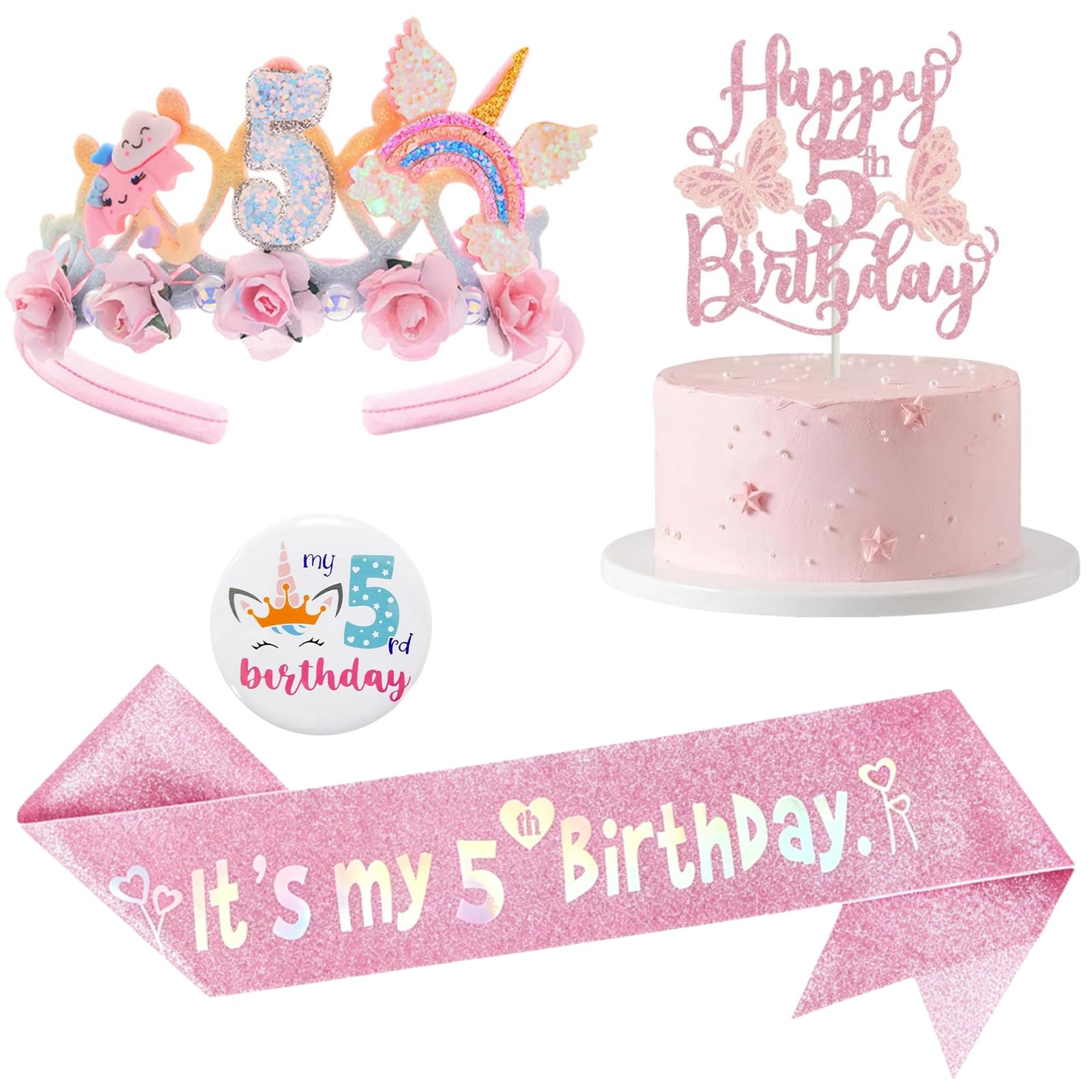 4-Piece 5th Birthday Decorations Girl Set, Includes Glitter Birthday Girl Sash, 5th Birthday Badge, Crown Headband and Cake Topper