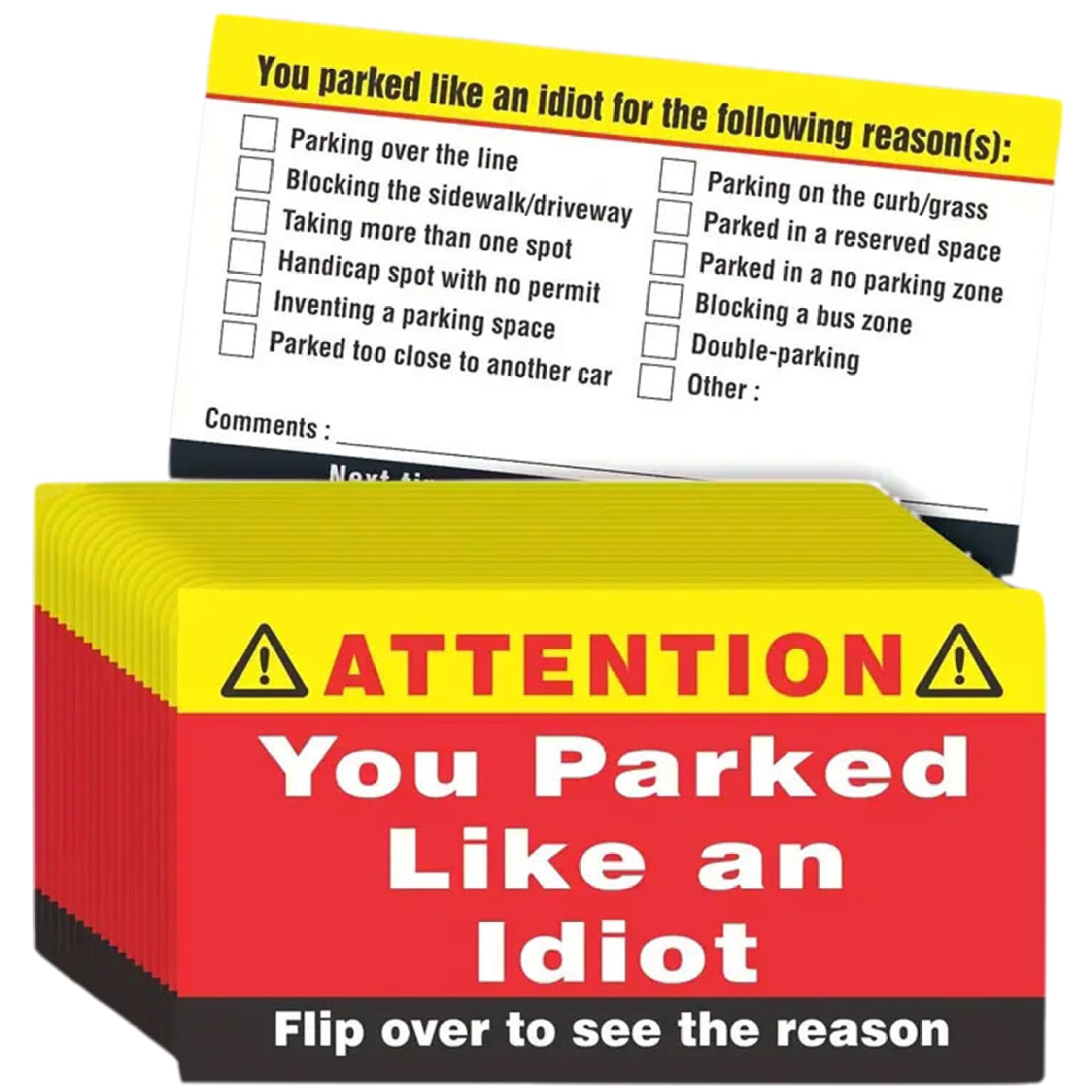 Kalastussaari You Parked like an Idiot Cards, 100PCS 3.5x2 Bad Parking Cards, Funny Bad Parking Stickers, Multi Reasons Violation Parking Cards for Adult Parking Cards