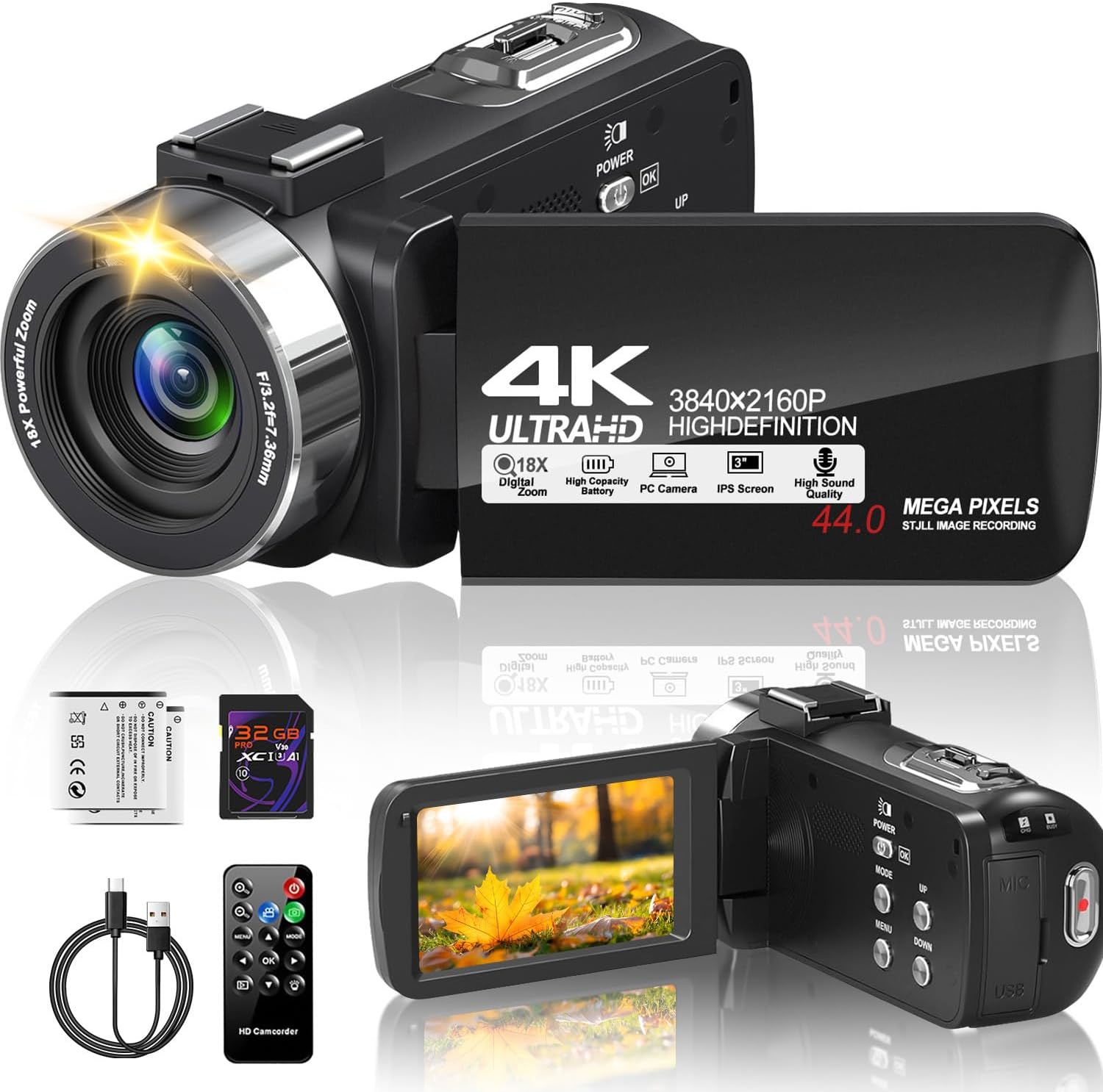 MiyoSavor4K Video Camera Camcorder 44MP 30FPS with IR Night Vision,18X Digital Zoom Camera Recorder 3.0 Inch 270 Degree Rotation Screen for YouTube with Remote Controller, 2 Batteries, 32GB SD Card