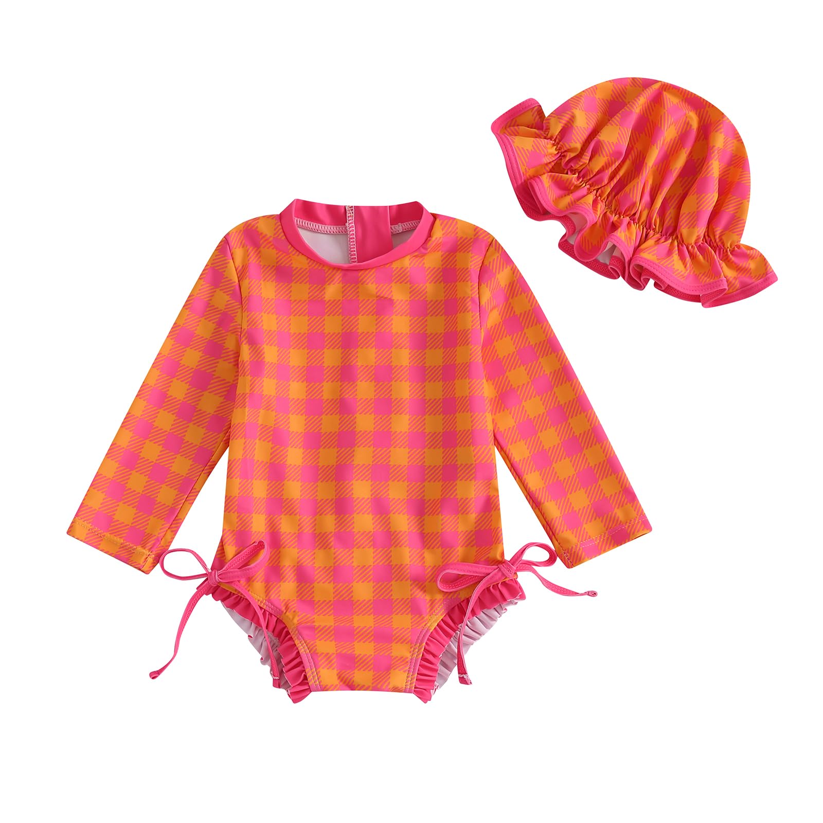KMBANGI Newborn Toddler Baby Girl Swimsuit Long Sleeve One Piece Rash Guard Ruffle Butts Bathing Suit Swimwear with Hat 0-24M (Sunset Gingham, 18-24 Months)