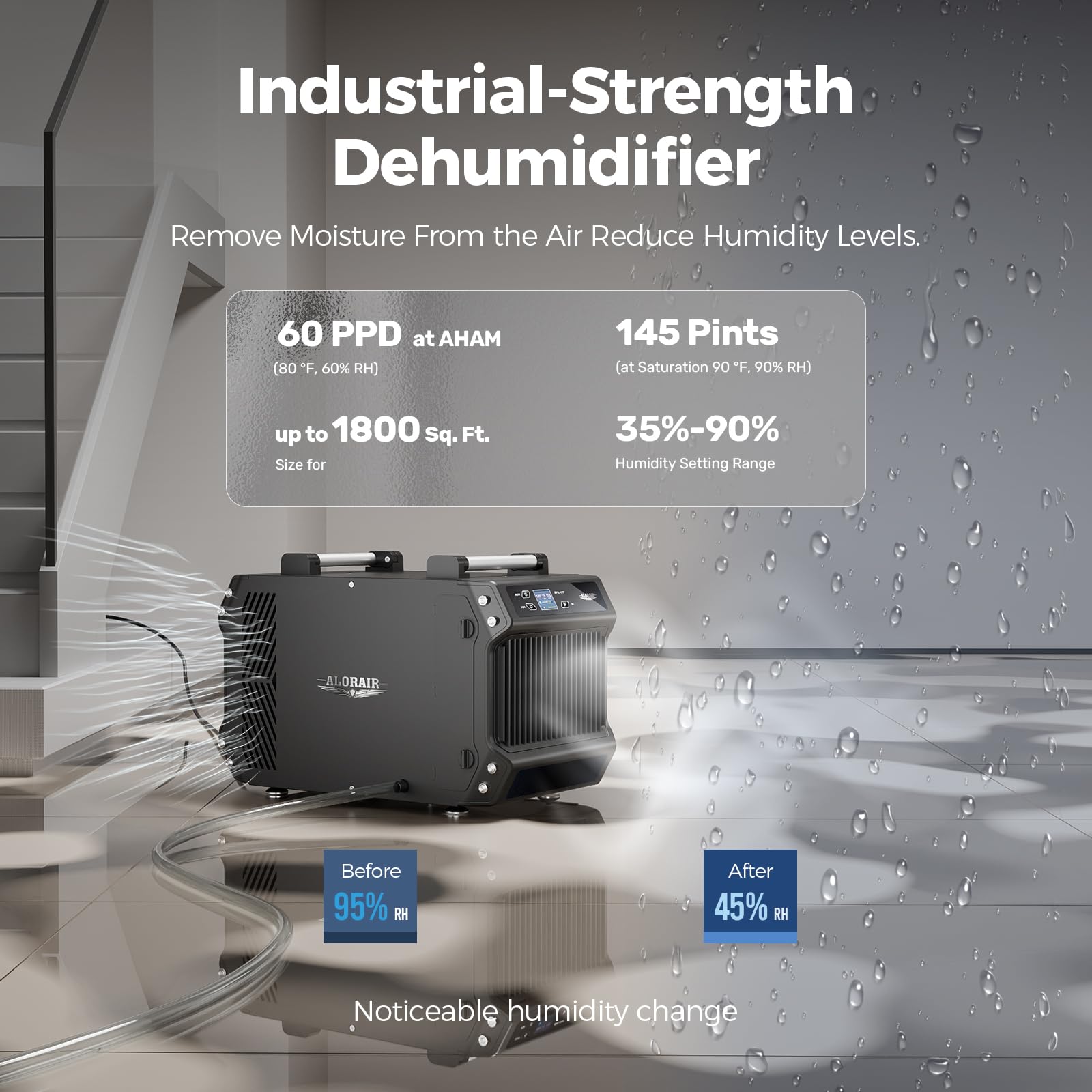 ALORAIR Crawlspace Dehumidifiers Energy Star, 145 Pint Commercial Dehumidifier for Basements with Drain Hose, 1,800 Sq.Ft Auto Defrost Compact Portable Industry Crawl Spaces Dehumidifier