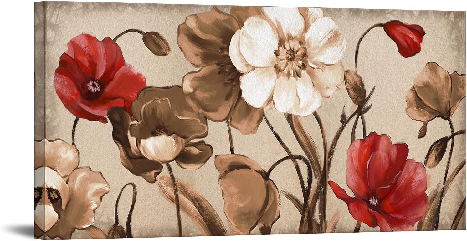 Artmyharbor Red and Brown Flowers Painting on Canvas Vintage Wall Art Bedroom Wall Decor Blossom Floral Picture Home Kitchen Living Room Decoration