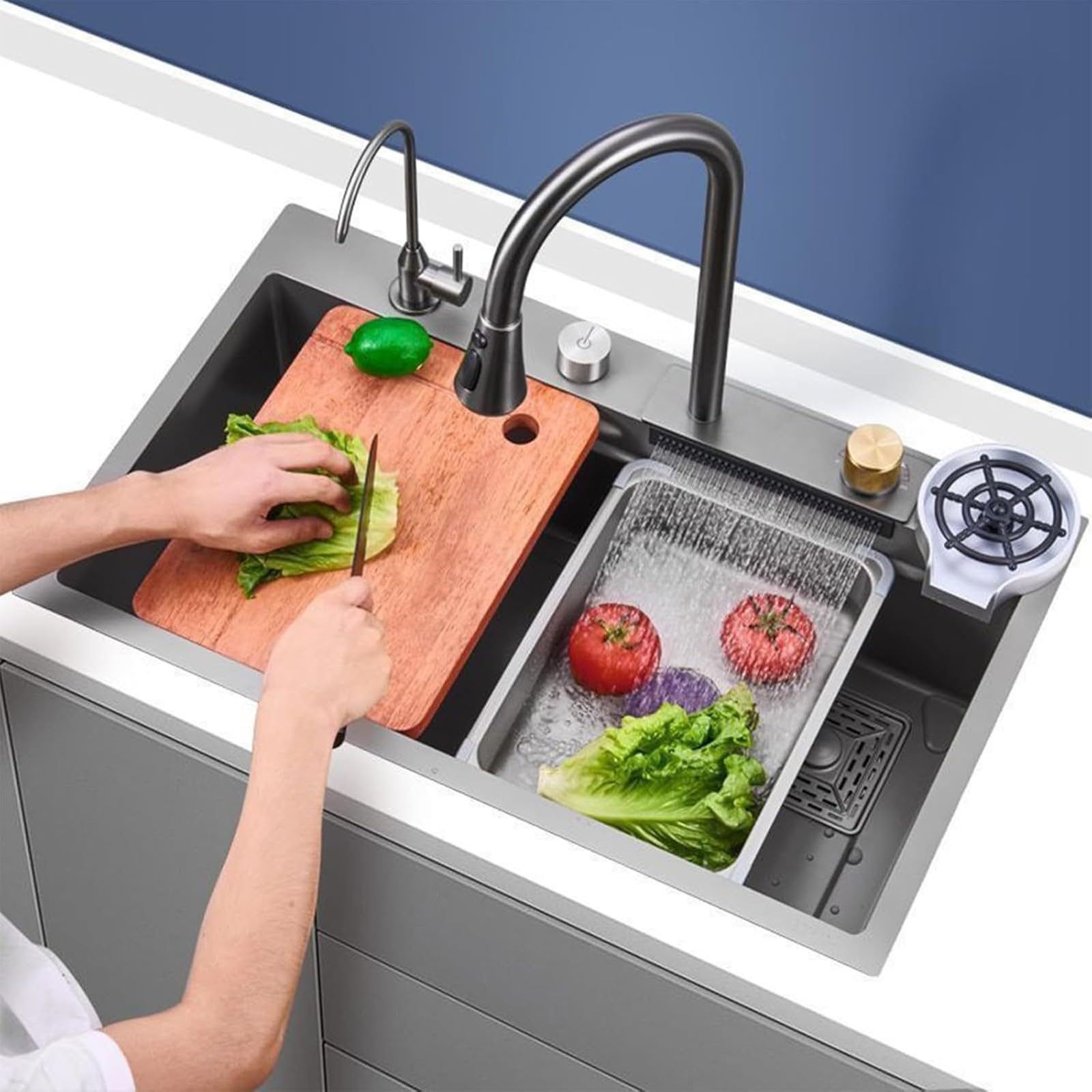 Set lavello da cucina in acciaio inox con cascata integrata e rubinetto estraibile, grande vasca doppia vasca 68 x 45 x 21 cm, qualità professionale, facile da pulire