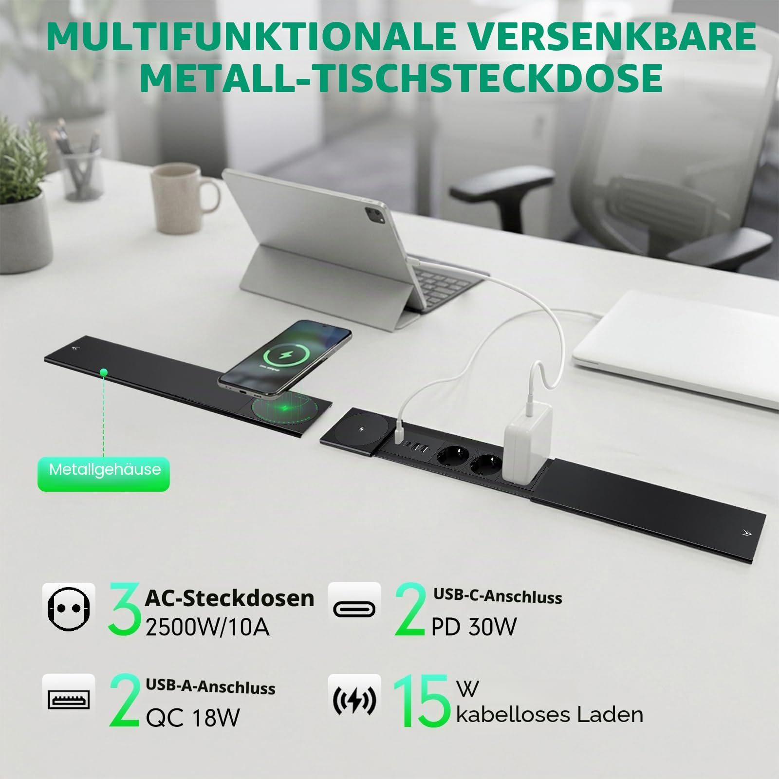 3 Fach Versenkbare Steckdose PD30W und15W Kabelloses Ladegerät und 2 USB C und 2 USB A, Tischsteckdose mit USB Versenkbar und Metall Deckel, Einbausteckdose für Schreibtisch Küche Büro, 1.8 Kable