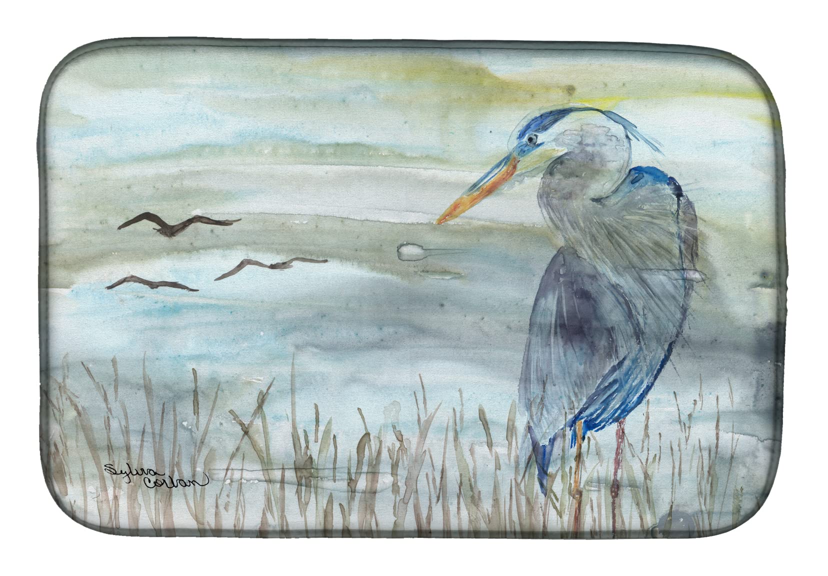 Caroline's Treasures SC2007DDM Blue Heron Watercolor Dish Drying Mat Absorbent Dish Drying Mat Pad for Kitchen Counter Dish Drainer Mat for Countertop, 14 x 21