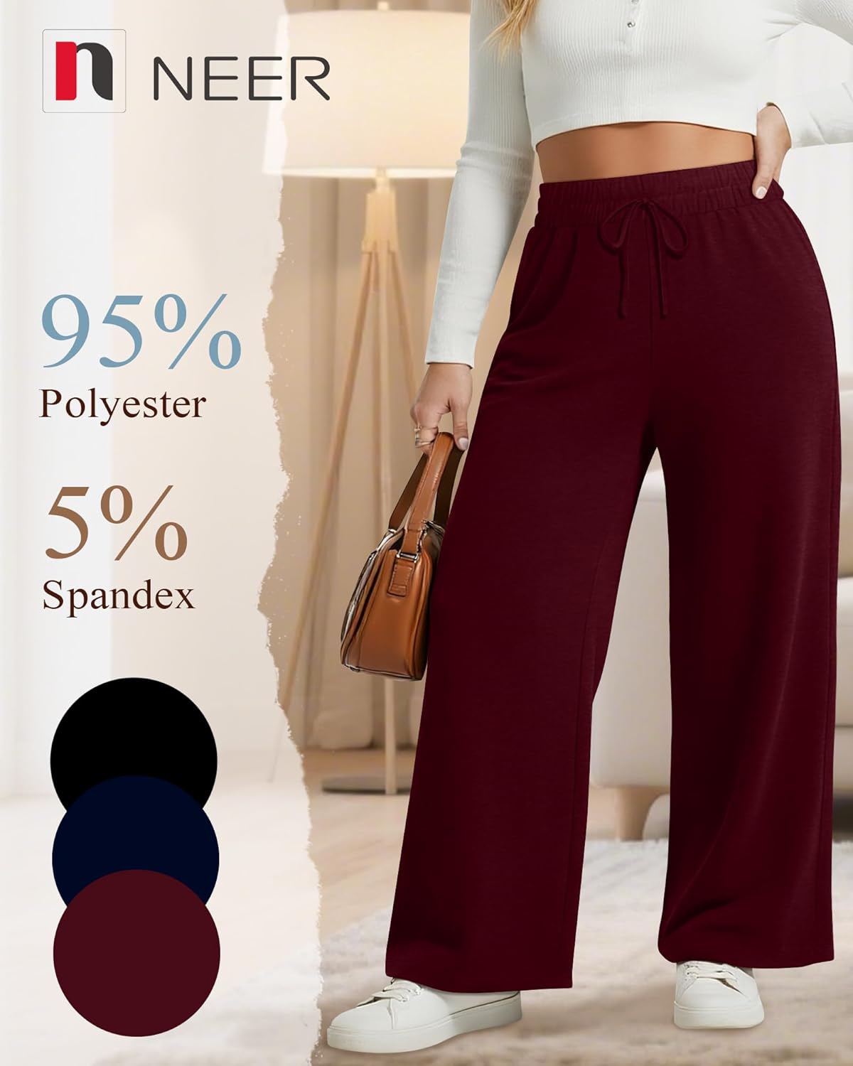 Neer 3 Pack Women's Plus Size Wide Leg Pants, Elastic Waist Lounge Pants with Pockets Drawstring Casual Pj Yoga Sweatpants - Image 4