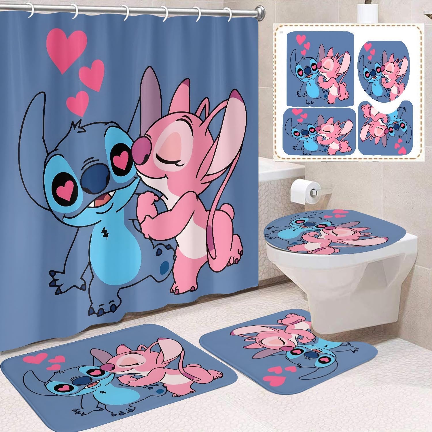 Cute Sitch Shower Curtain Set 4 Piece with Non-Slip Rugs, Toilet Lid Cover and Bath Mat Cartoon Bathroom Decor 72 x 72inch (Stitch 002)