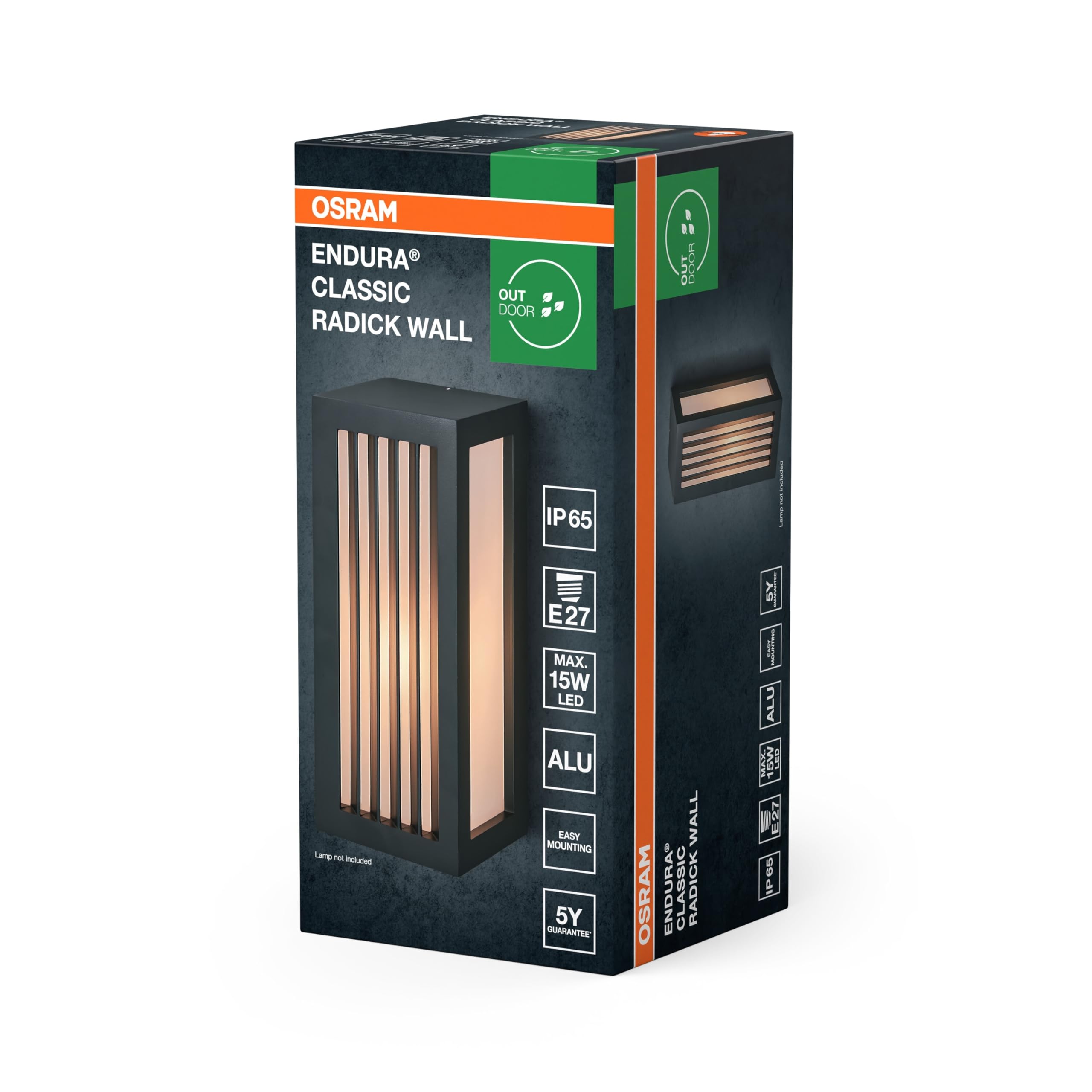 OSRAM Lampa zewnętrzna ENDURA CLASSIC RADICK W, oświetlenie ścienne, oprawka E27, ciemnoszara, aluminium, szybki i prosty montaż, matowy dyfuzor, stopień ochrony IP65, do użytku zewnętrznego