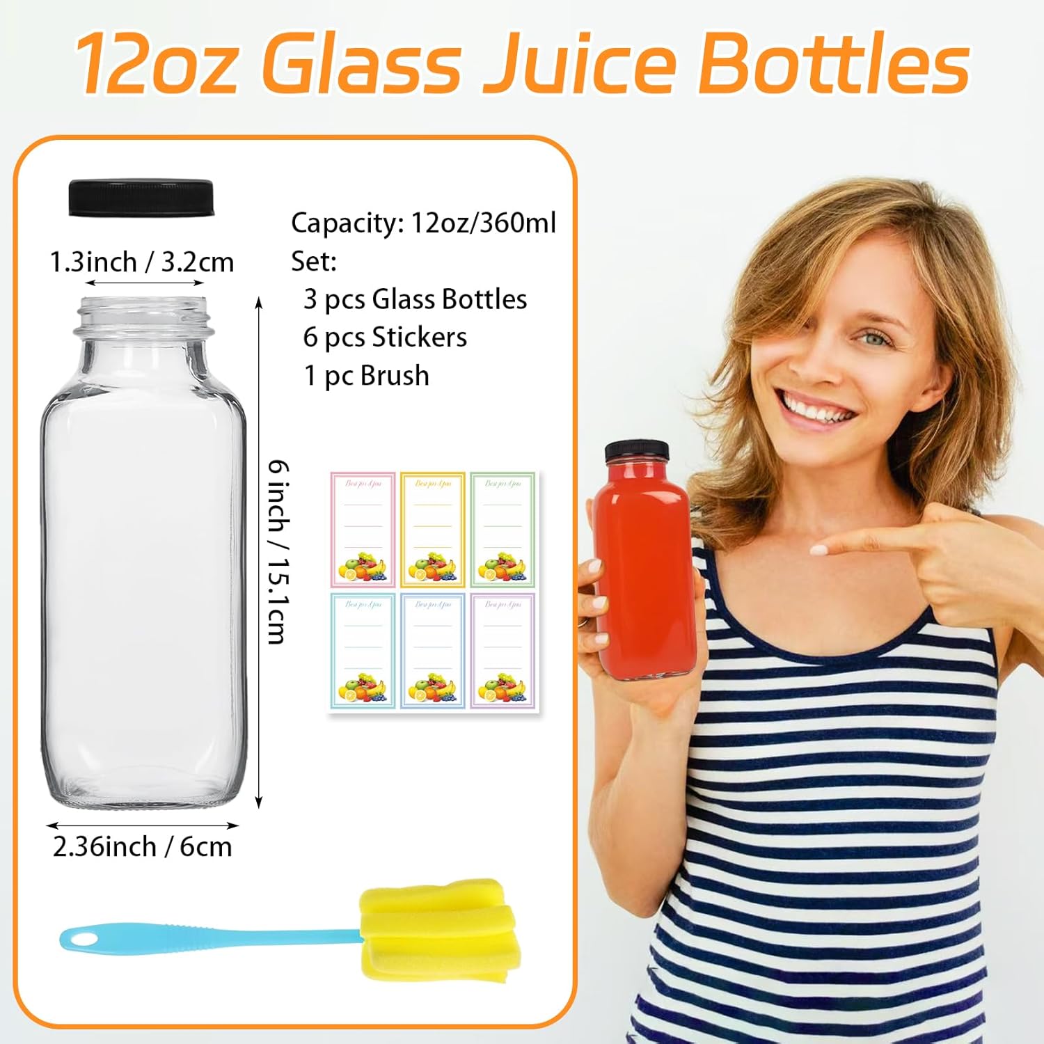 3 Pack 12oz Glass Drink Bottles with Lids, 360ml Vintage Glass Water Bottles with Caps, Reusable Juice Containers Drinking Jars for Juicing, Milk, Ginger, Kombucha, Beverage - Image 2