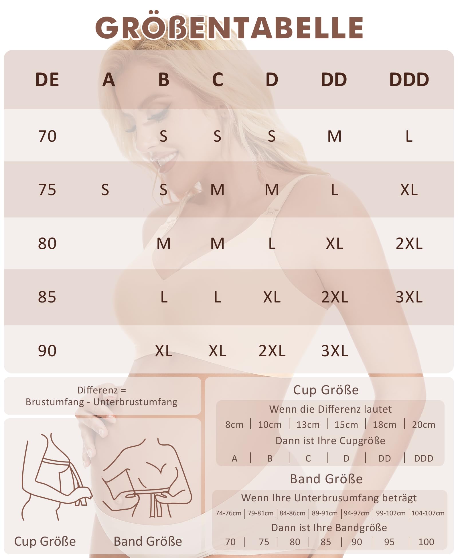 QooNoo Reggiseno per allattamento, senza ferretto, per gravidanza, seni grandi, in cotone, per dormire e allattamento, beige., 3XL