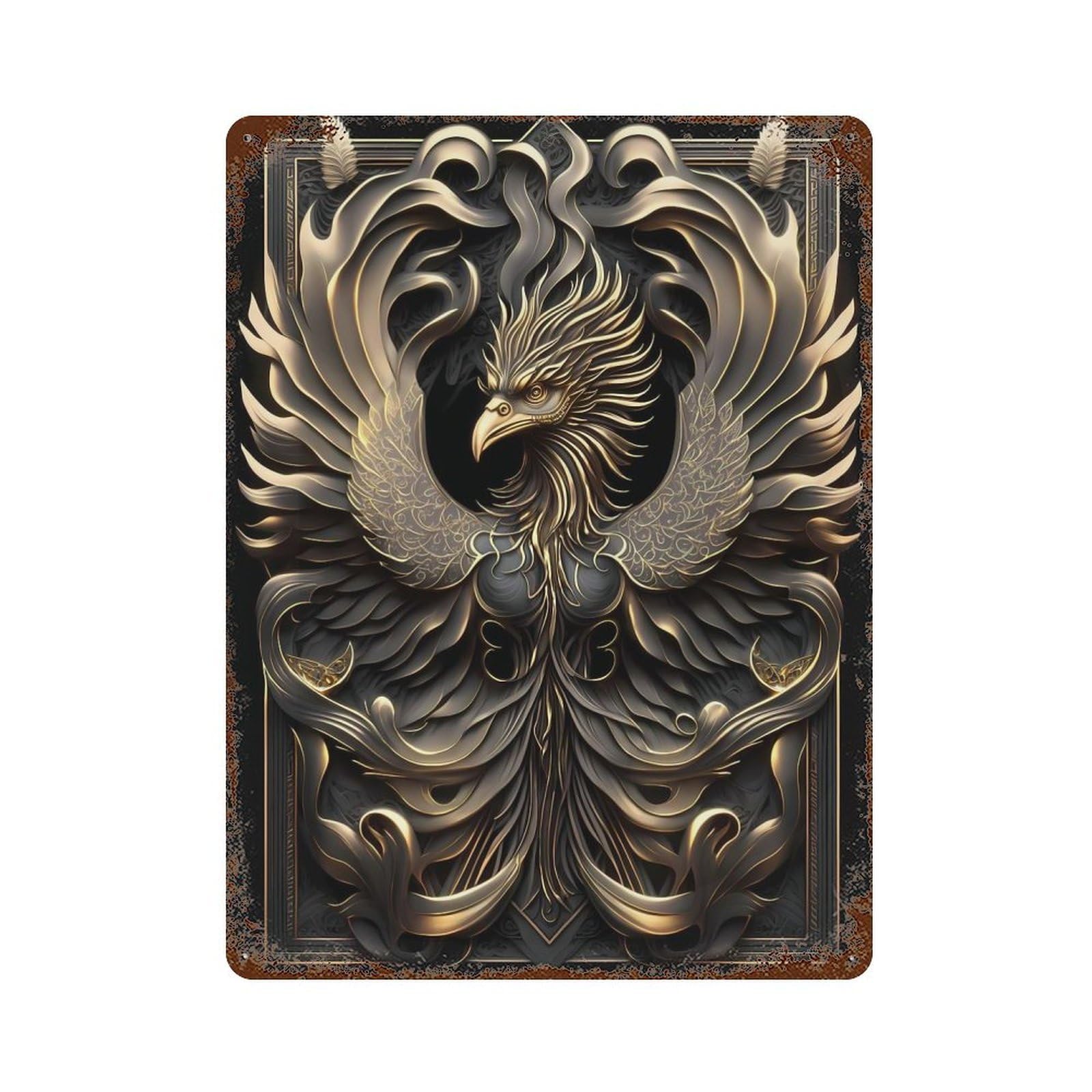 Distressed Metal Wall Sign with Epic Golden Phoenix Design 15.7"x11.8", for Cafe, Home Bar And Lounge Decor, Retro Wall Decor