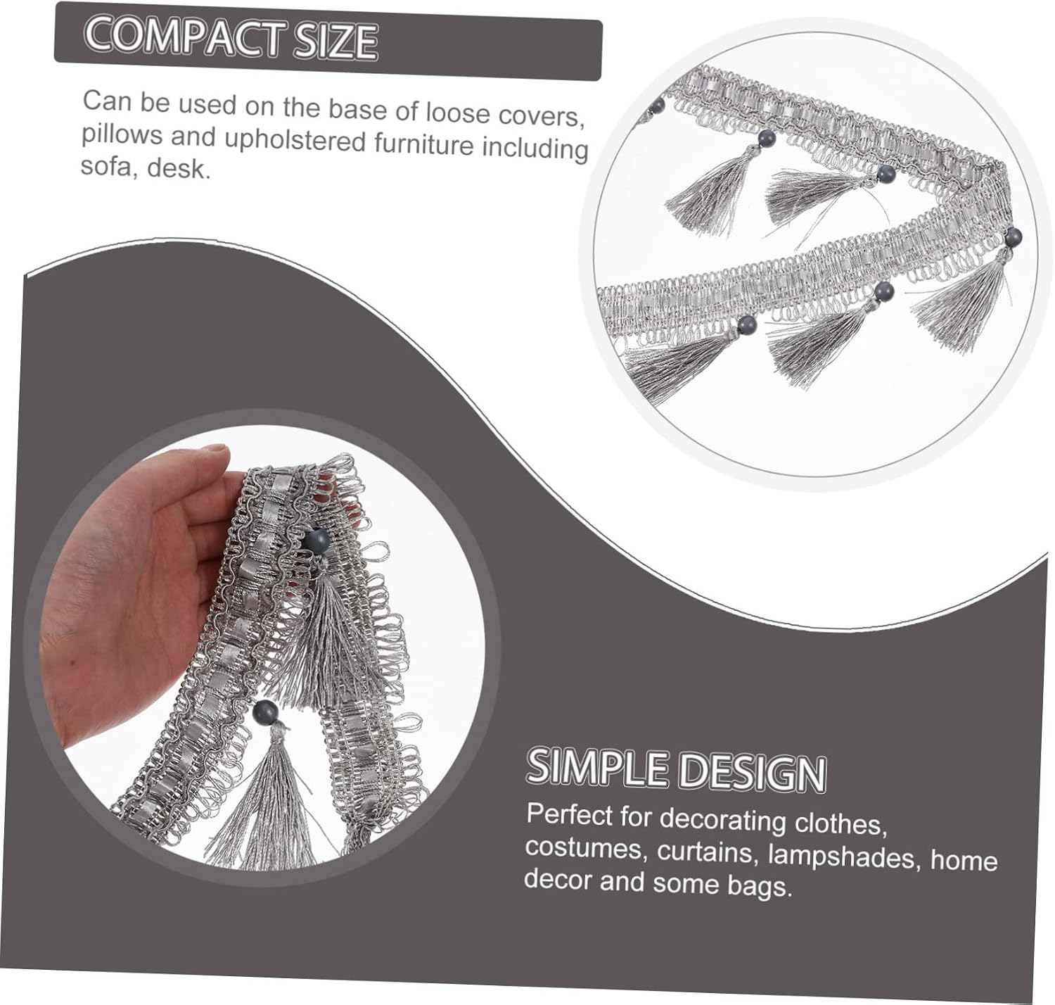 Homoyoyo 11.5m Curtain Fringe Trim for Home Decor Gray Decorative Tassel Braid for Sewing Projects for Curtains Cushions Costumes