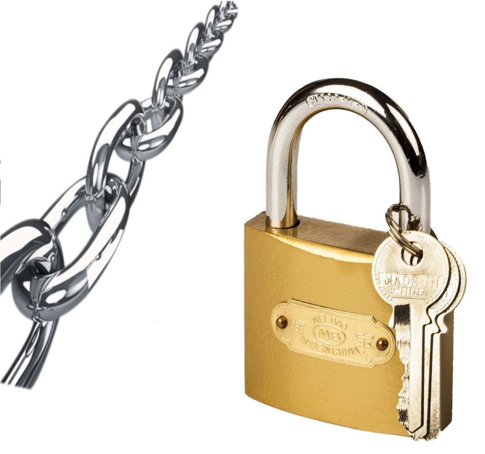 ROLLYWARE™ Heavy Duty German Technology Shrouded Padlock for Safely Home Lock Interior or Exterior Gates, Sheds, Lockers, Bikes, Includes 3 Master Keys (Set of 1 Gold Lock + Chain).