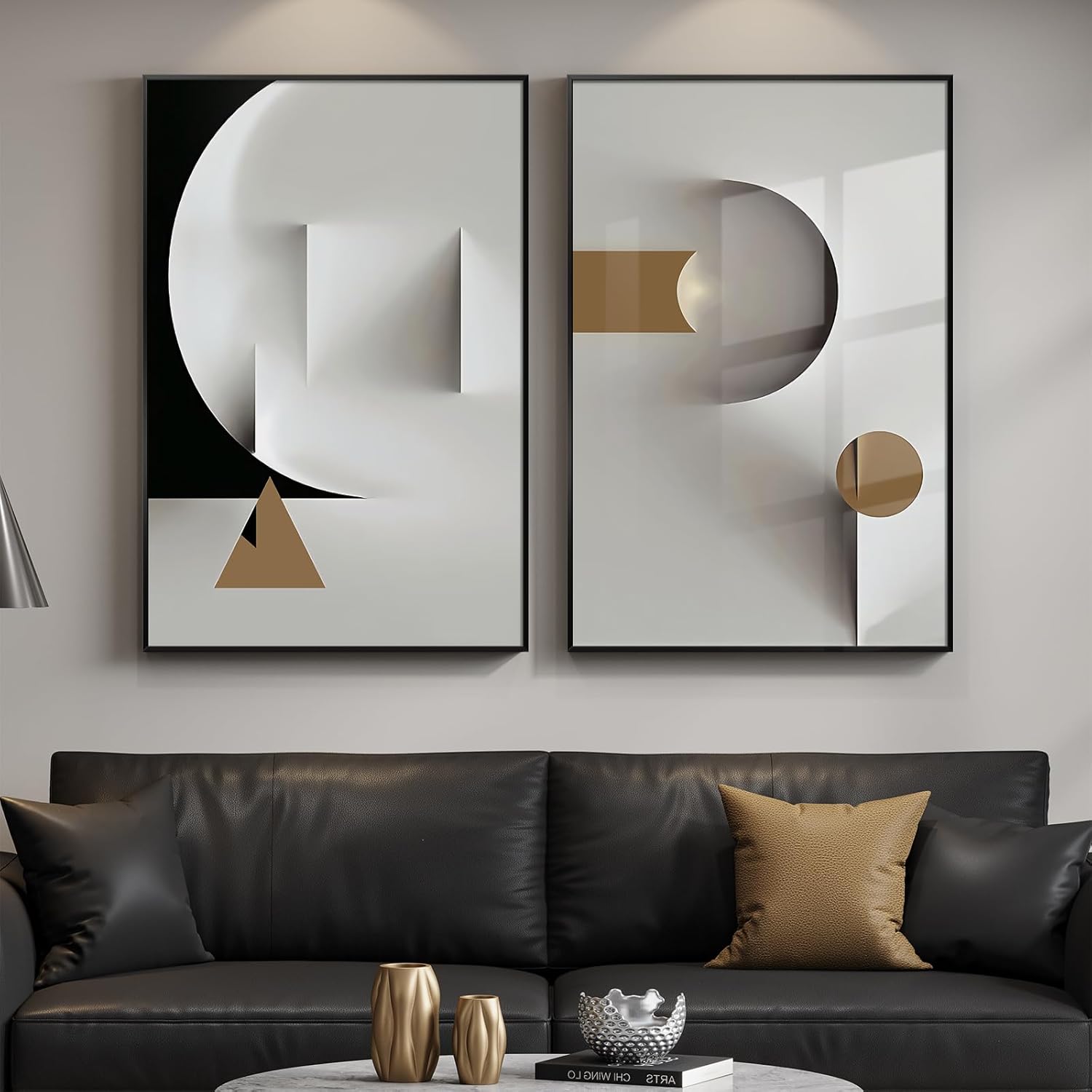 2 Piece Framed Modern Wall Art for Bedroom, Large Black and White Minimalist Paintings Print, Bright Style Geometric Pictures Artwork Decor for Living Room Dining Room Hallway, 24x36 Inch