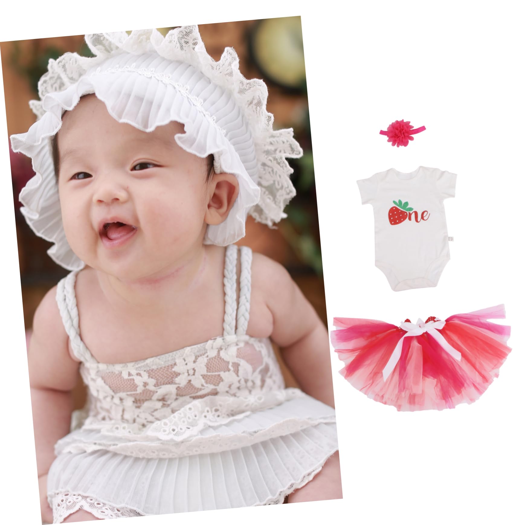 Amosfun Set Abbigliamento Gonna per Bambina 1 Anno in Poliestere | 3 Pezzi, Rosso, per Foto e Carnevale, Tessuto Gauze, Facile da Togliere