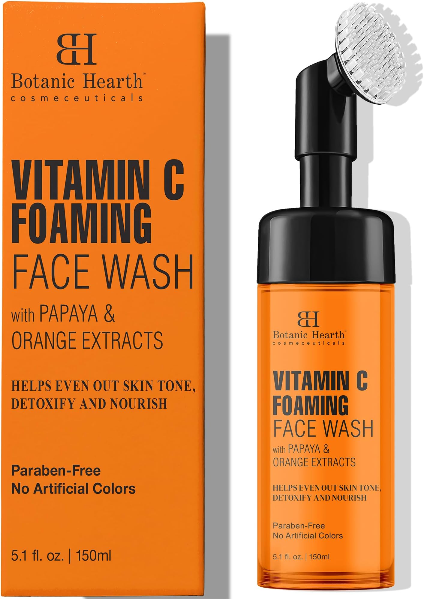 Vitamin C Foaming Face Wash with Papaya & Orange | Extracts Built-In Silicone Brush | Cleansing & Glowing Skin | Paraben & Sulphate Free | Face Cleanser for Women & Men | 5.1 fl oz
