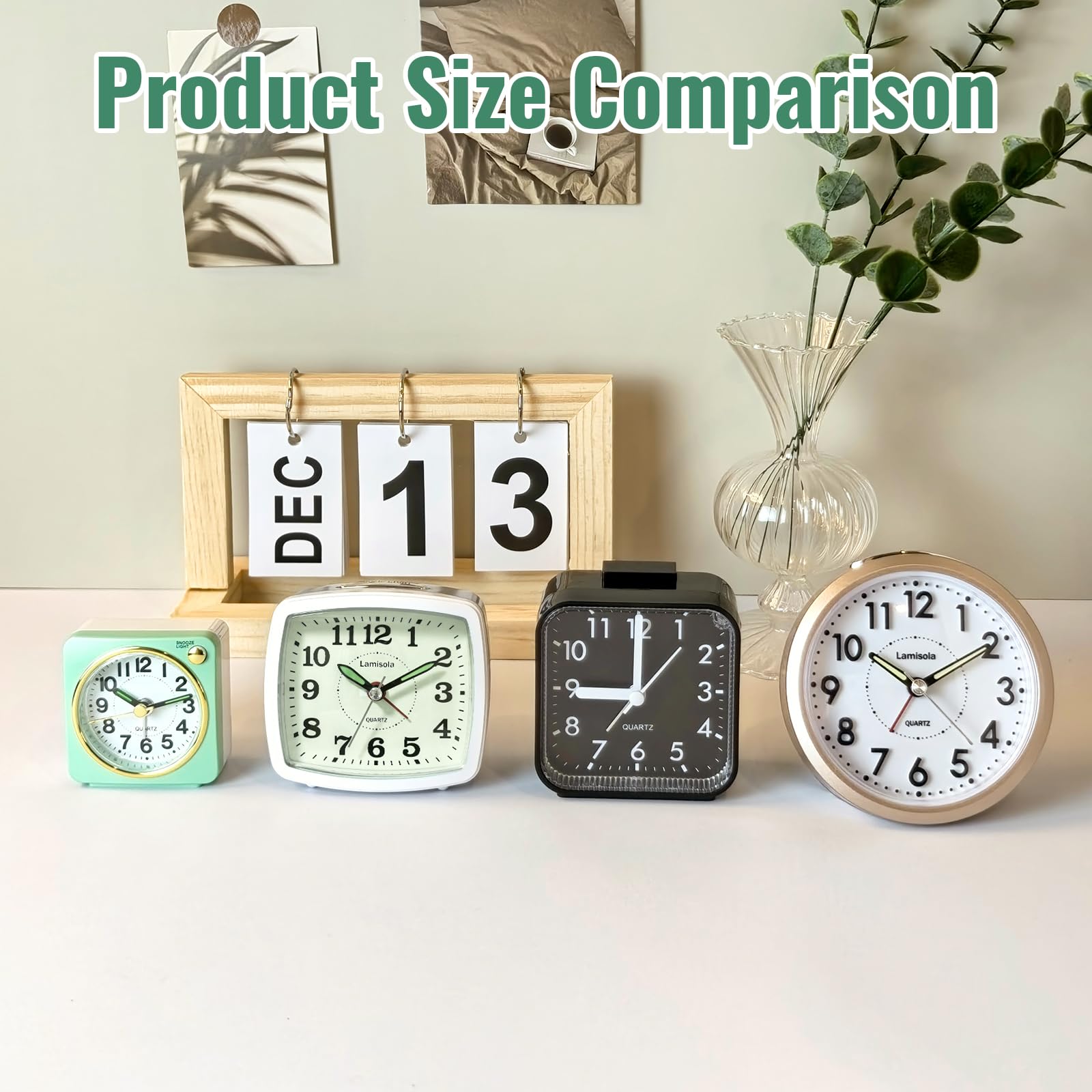 Lamisola Reloj despertador analógico de viaje con batería pequeña, relojes retro para dormitorio, mesita de noche, reloj para niños mayores, plateado sin tictac, retroiluminación bajo demanda