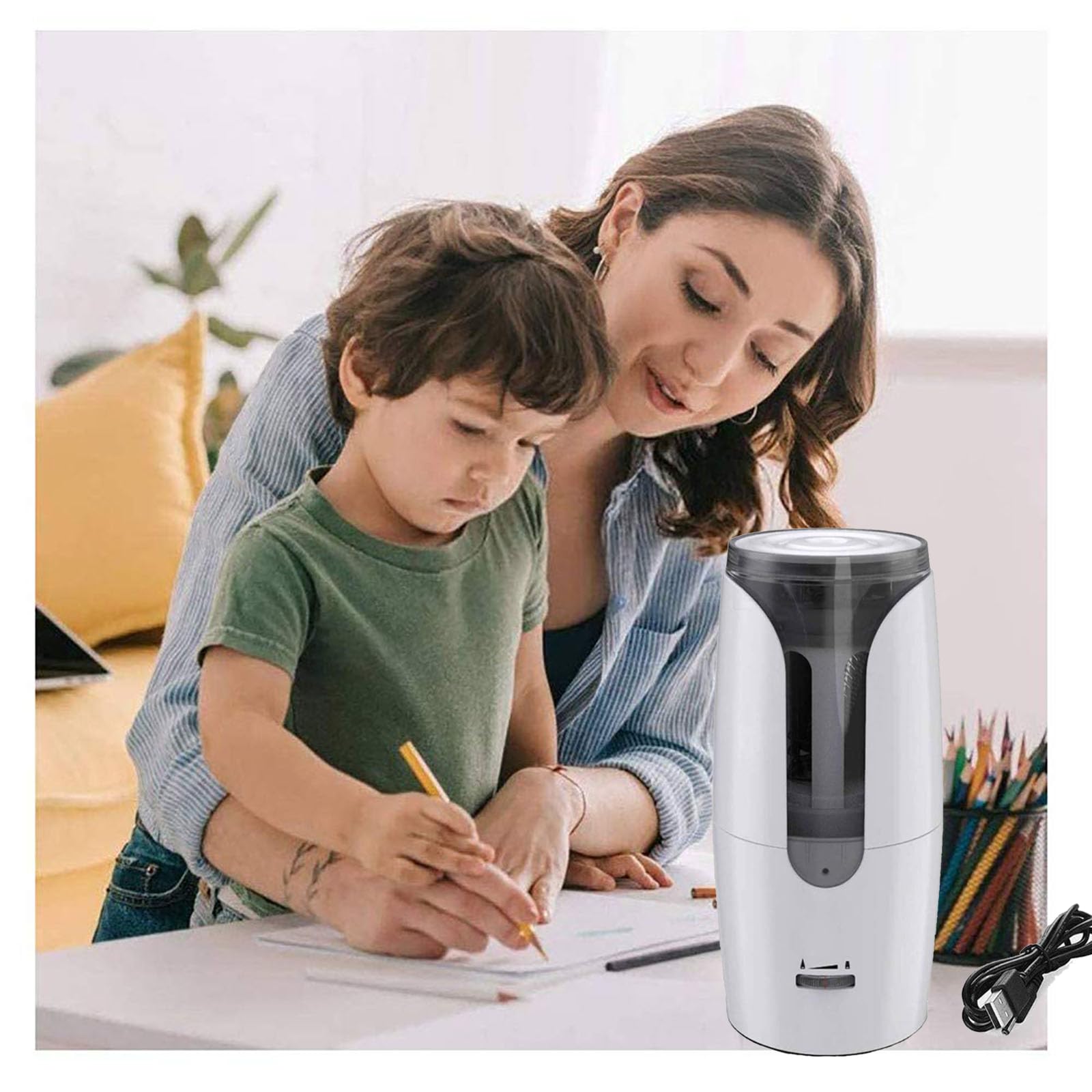 Elektrischer Bleistiftspitzer für Kinder, Anspitzer mit Behälter für Dicke und Dünne Stifte, Bleistiftschneider Elektrisch USB Wiederaufladbarer für 6-12mm Bleistifte und Buntstifte (White)