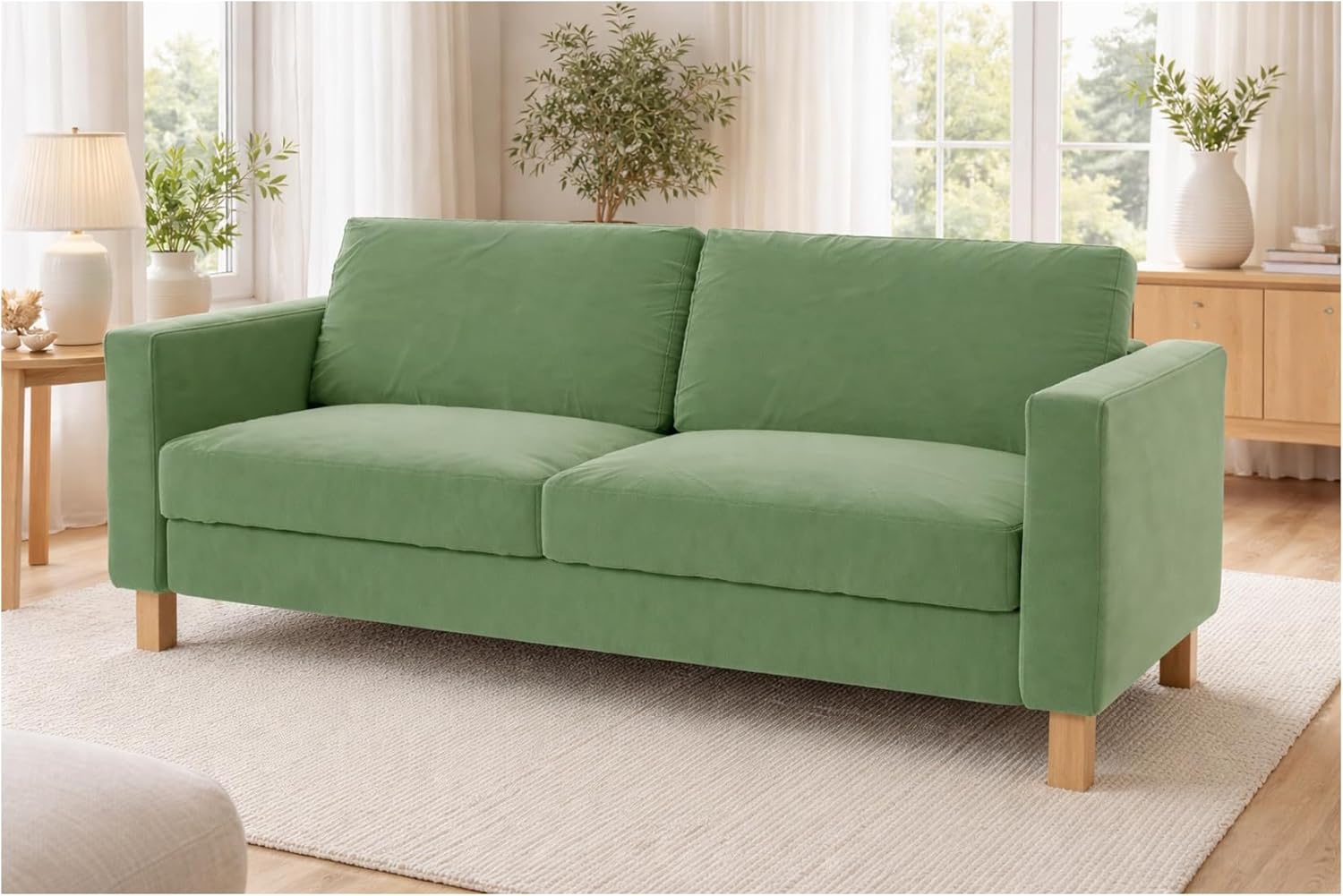 Heavy Duty Velvet Karlstad Three Seat (Not Loveseat) Sofa Cover (Width: 205CM, Not 165CM) Replacement Custom Made Compatible with IKEA Karlstad 3 Seat Sofa Couch Slipcover (Velvet Light Green Sofa)
