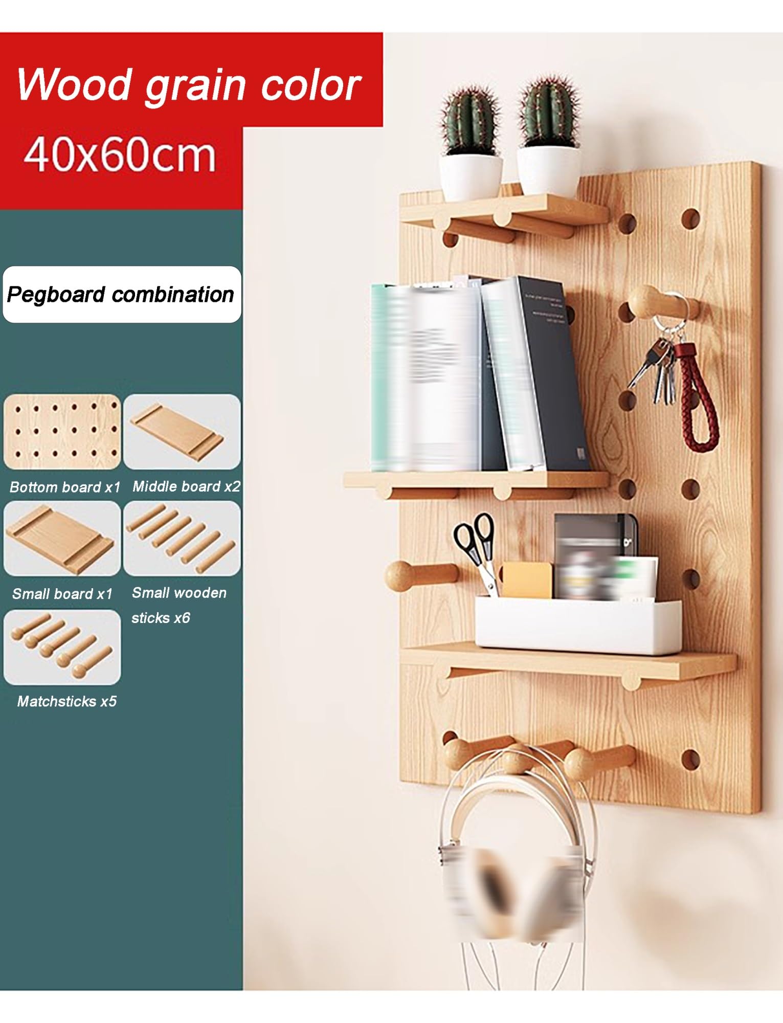 Genérico Tablero perforado personalizable de madera maciza | Organizador de entrada con ganchos, estantes y soportes de pared for porche, lavadero y paredes (3 tamaños)(40x60cm/15.7x23.6in)