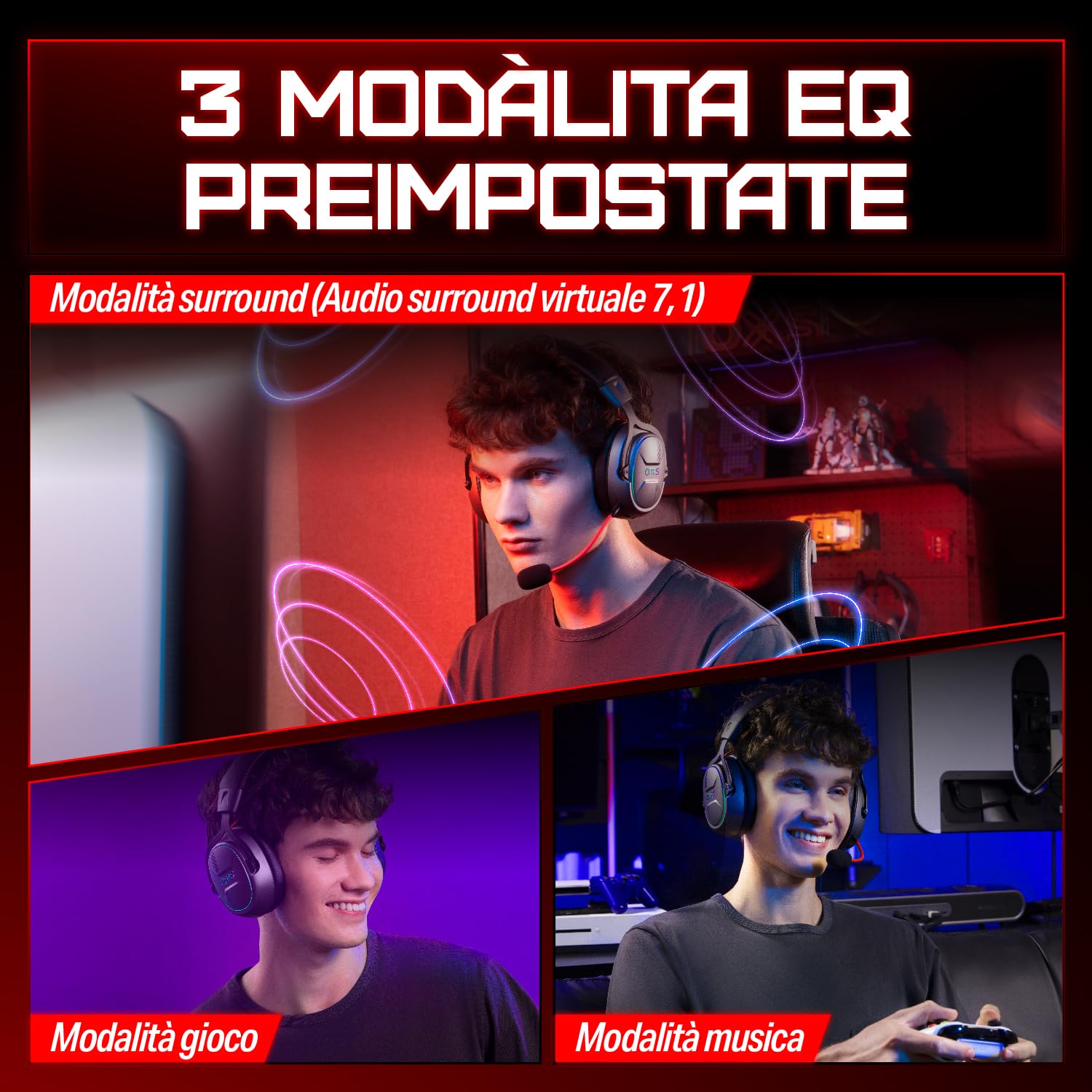 OXS Storm G2 Cuffie da Gioco Wireless, Audio Surround Virtuale 7,1, 3 Modalità EQ, Bassa Latenza 2,4 GHz, Driver da 50 mm, Luce RGB, Bluetooth 5.3, Compatibile con PC, Console, Cellulare, Nero