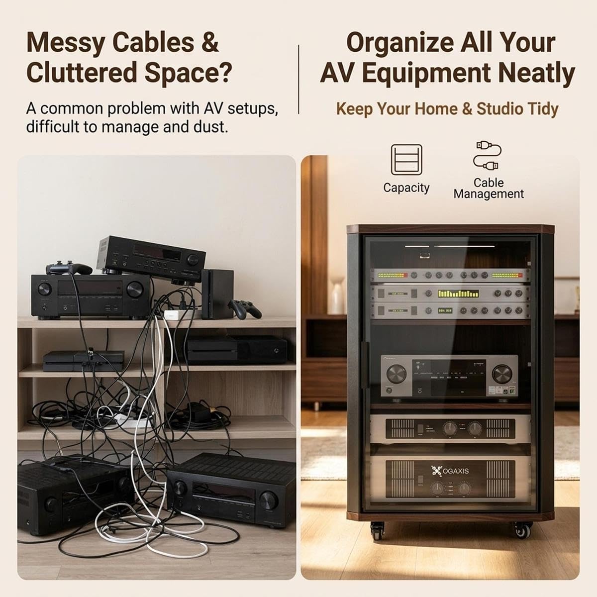 Supporto audio in legno con mensole regolabili per sistemi home theatre